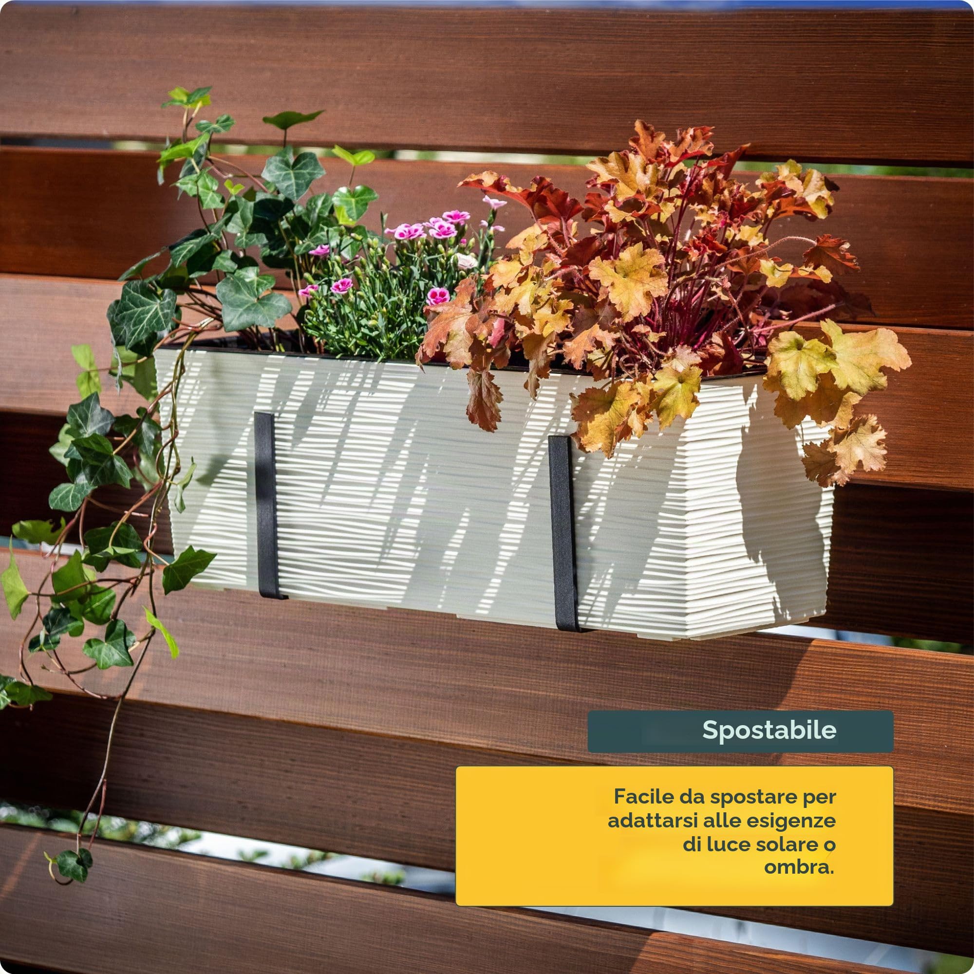 KADAX Fioriera con supporti 18,5 x 56 cm, motivo graffiato, crema, con inserto – Resistente alle intemperie