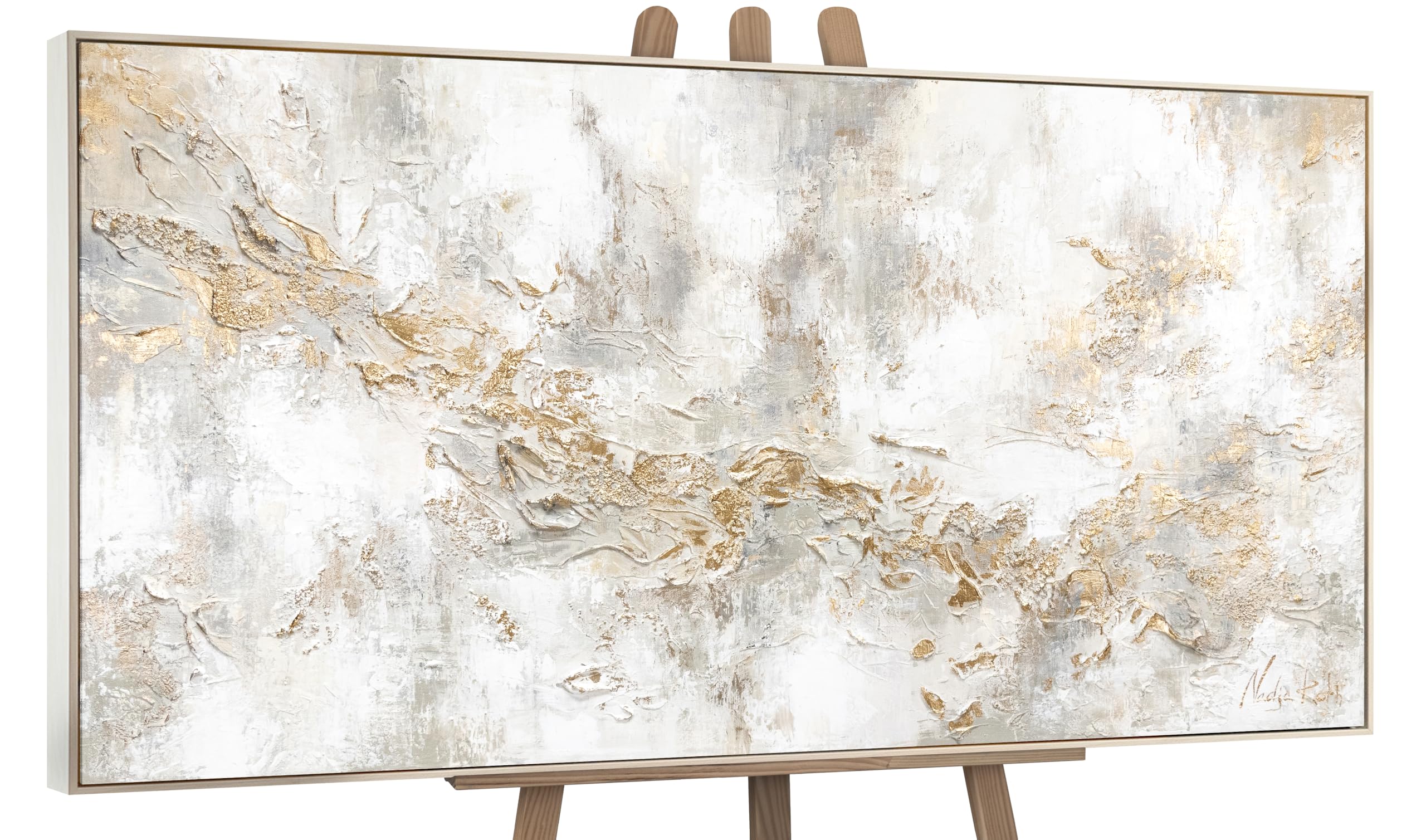 Ys With Beige Frame -Art Framed Original Handmade Painting – Luxury White Gold Abstract, Textured Wall Art For Hallway & Dining Room With Frame 56X28 Inch