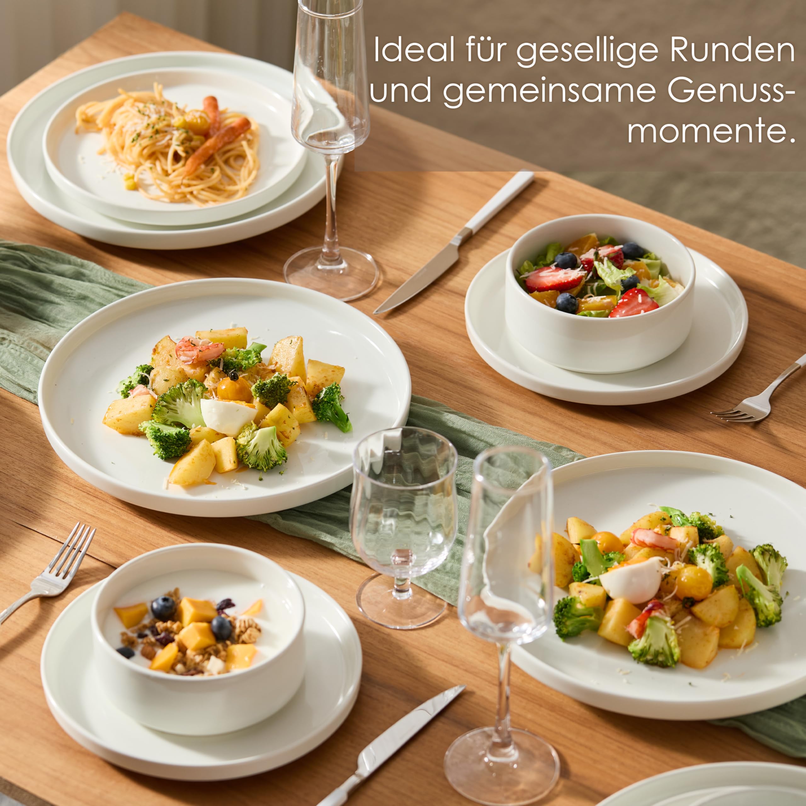 Jiwoo Geschirr Set & Tafelservice 18 TLG für 6 Personen, Modern Bone China | Mit Speise-, Desserttellern & Müslischalen – platzsparend stapelbar, mikrowellen- & spülmaschinengeeignet