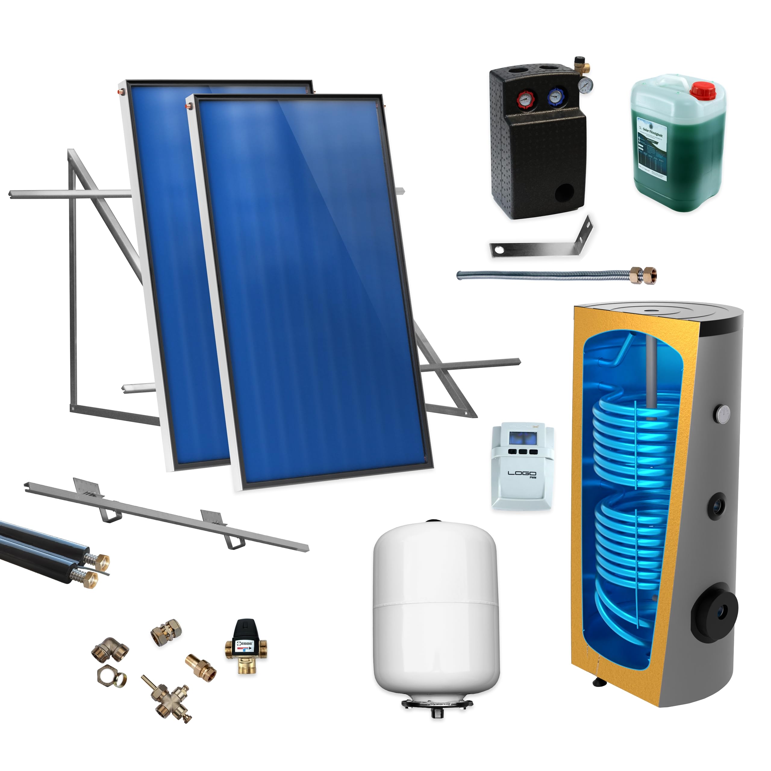 SUNEX® Solarthermie mit Speicher 200L 2WT, 2x Kollektoren AMX 2.0 + Flachdachmontageset + 15m Doppelrohr + Solarregler PWM + Pumpengruppe + Ausdehnungsgefäß + 10L Solarflüssigkeit