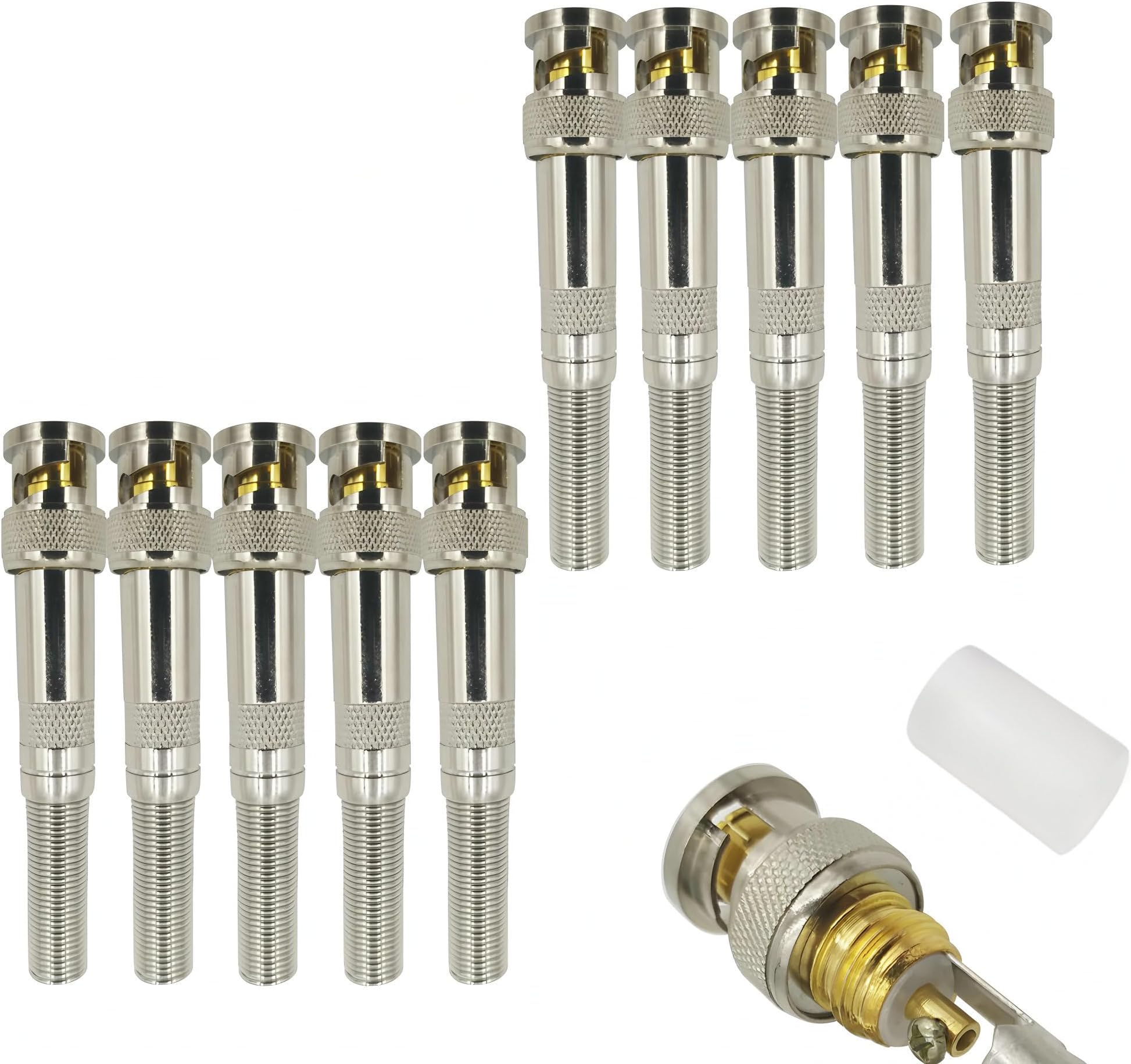 10 Pack BNC Male Connectors RG59 RG6 Screw-on Gold Plated Coaxial Terminal for CCTV Security Surveillance Camera Video Cables