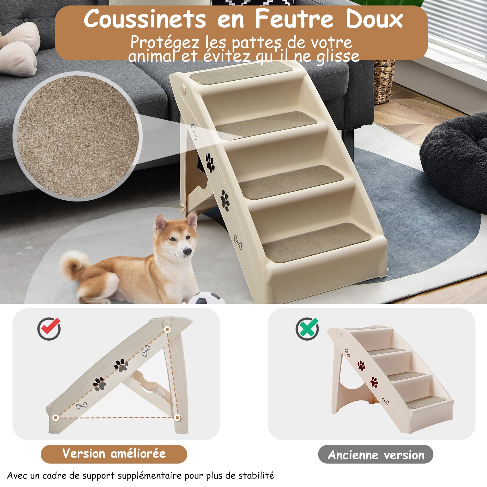 GYMAX Escalier pour Chien en Plastique 4 Marches, Rampe Intérieure et Extérieure avec Coussinets Antidérapants, Charge Max 60KG (Beige)