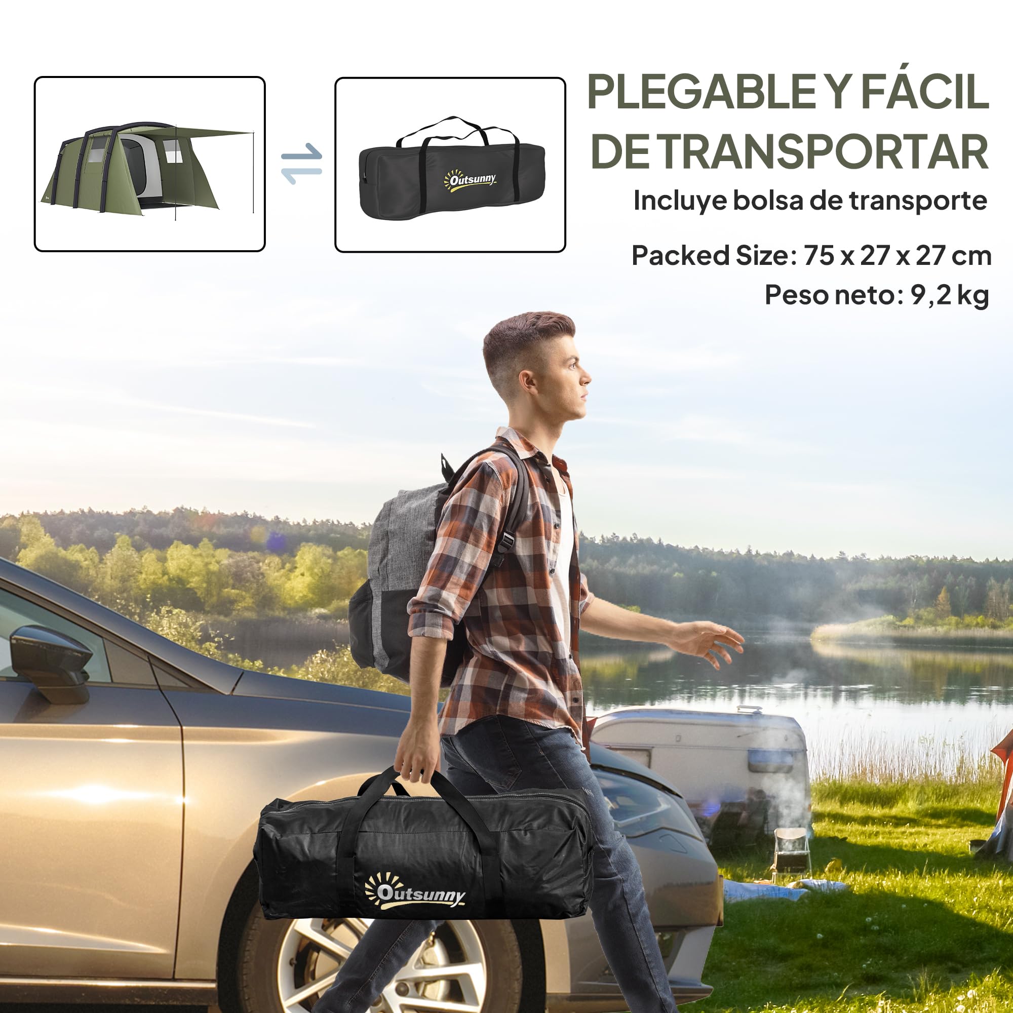 Outsunny Tenda da campeggio gonfiabile per famiglie tipo tunnel per 3-6 persone Tenda da campeggio glamping con vestibolo Finestre in rete e borsa per il trasporto Protezione UV 50+ Impermeabile