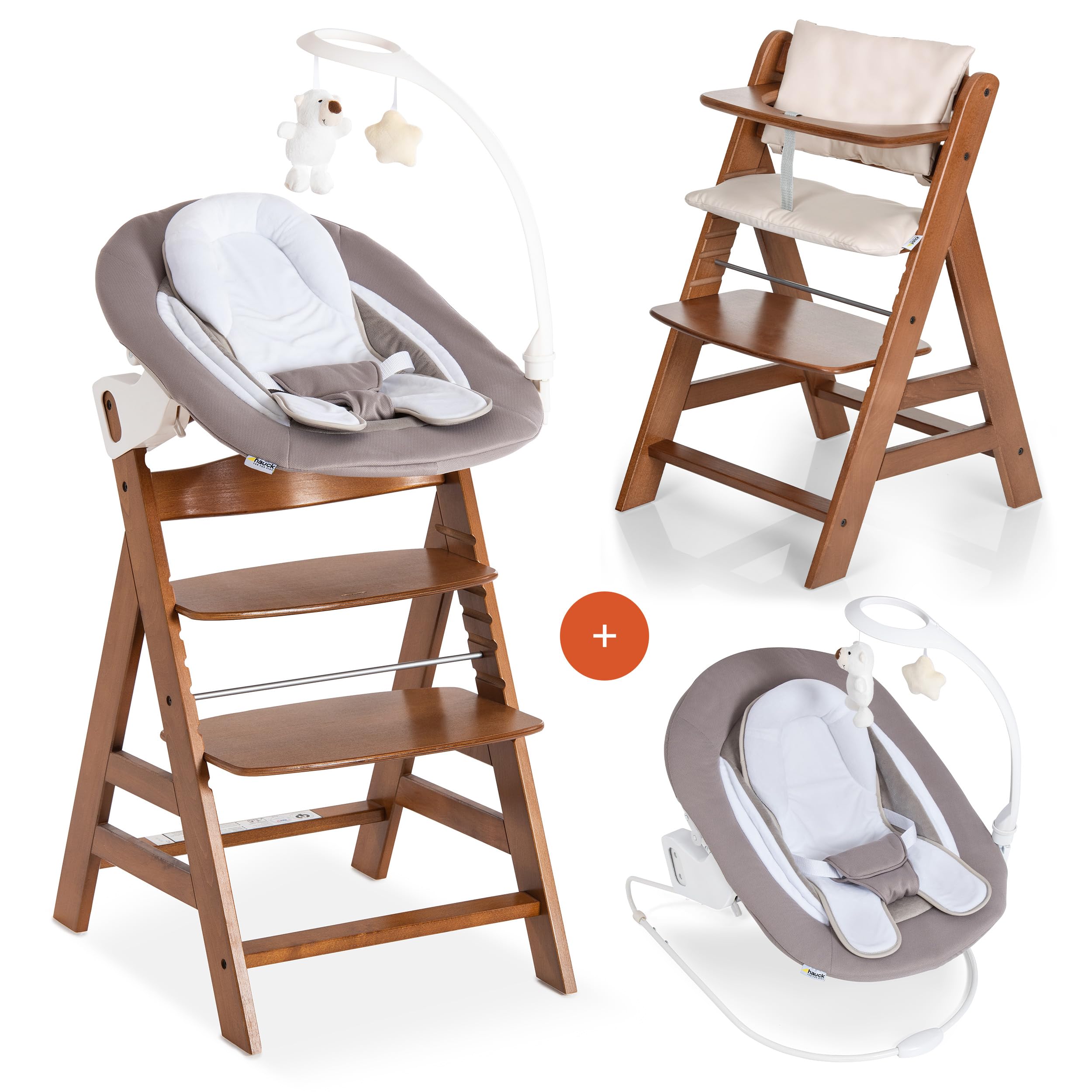 hauck Alpha Plus Newborn Set Deluxe Trona Evolutiva Bebe con Hamaca, Cojín y Arnés – Hamaca Alta Reclinable desde el Nacimiento – Silla Madera Niño Regulable – Tronas Infantiles de Madera – Nogal
