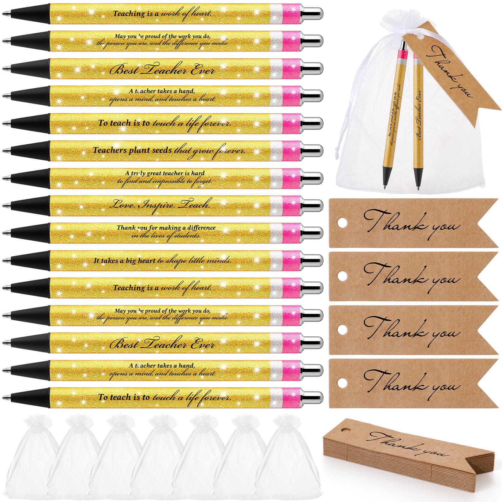 Sinload 60 Sets Valentines Day Teacher Appreciation Gifts Teacher Pens Bulk Inspirational Glitter Ballpoint Pens with Thank You Gift Tags Organza Bags