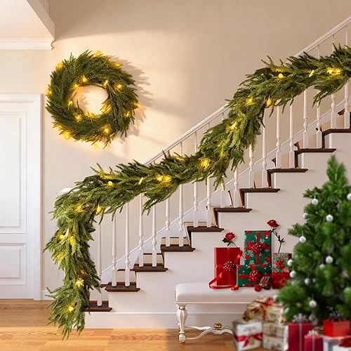 Miniatura 5 de 2 guirnaldas de Navidad de 6 pies con luces LED, pino Norfolk artificial, decoración navideña flexible y preiluminada para uso en interiores y