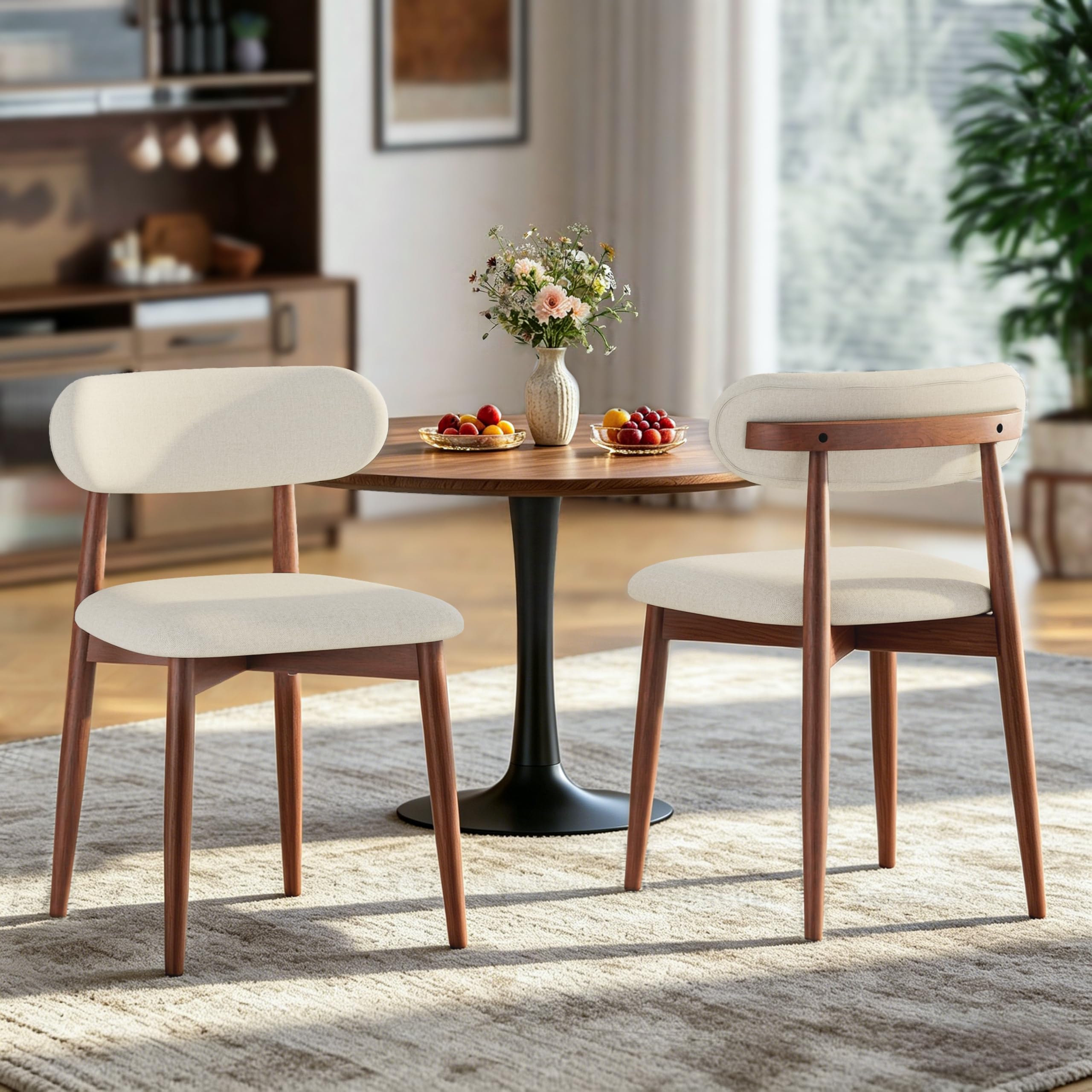 wooden dining chairs set of 2, mid century modern upholstered kitchen chairs with solid wood legs, 350lb heavy duty padded side chairs for dining room & vanity, beige