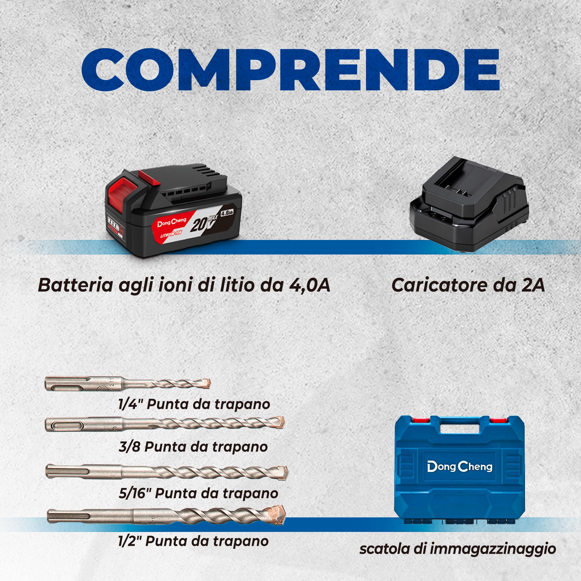 DongCheng Martello Perforatore a batteria, Trapano Tassellatore a Batteria 2.1 J, Trapano a Percussione Batteria 18 V con 4 pezzi SDS-plus, Foratura fino a 28 mm, Motore senza spazzole.