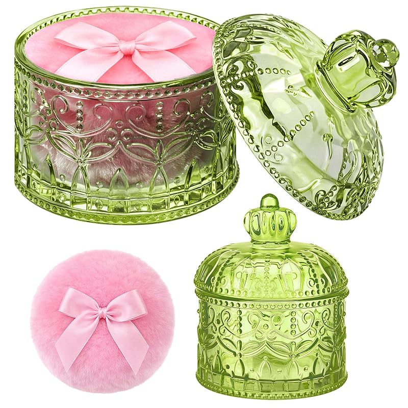 Ferrochef Conjunto de Pote de Vidro Verde com Tampa e Esponja para Pó, Modelo Crown