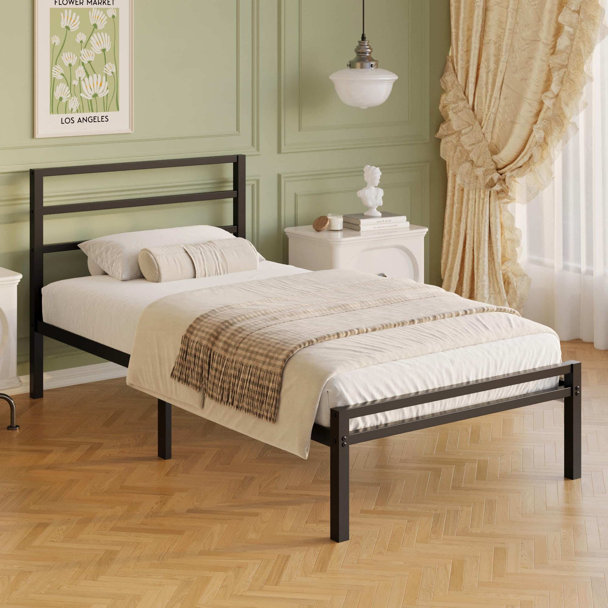 Lutown-Teen Einzelbett 90 x 200 cm mit Kopfteil und Fußteil, 30cm Höhe Metallbett mit Lattenrost aus Metall, Metallbett Einzelbetten Bettrahmen, Stauraum unterm Bett, Leichte Montage, Schwarz
