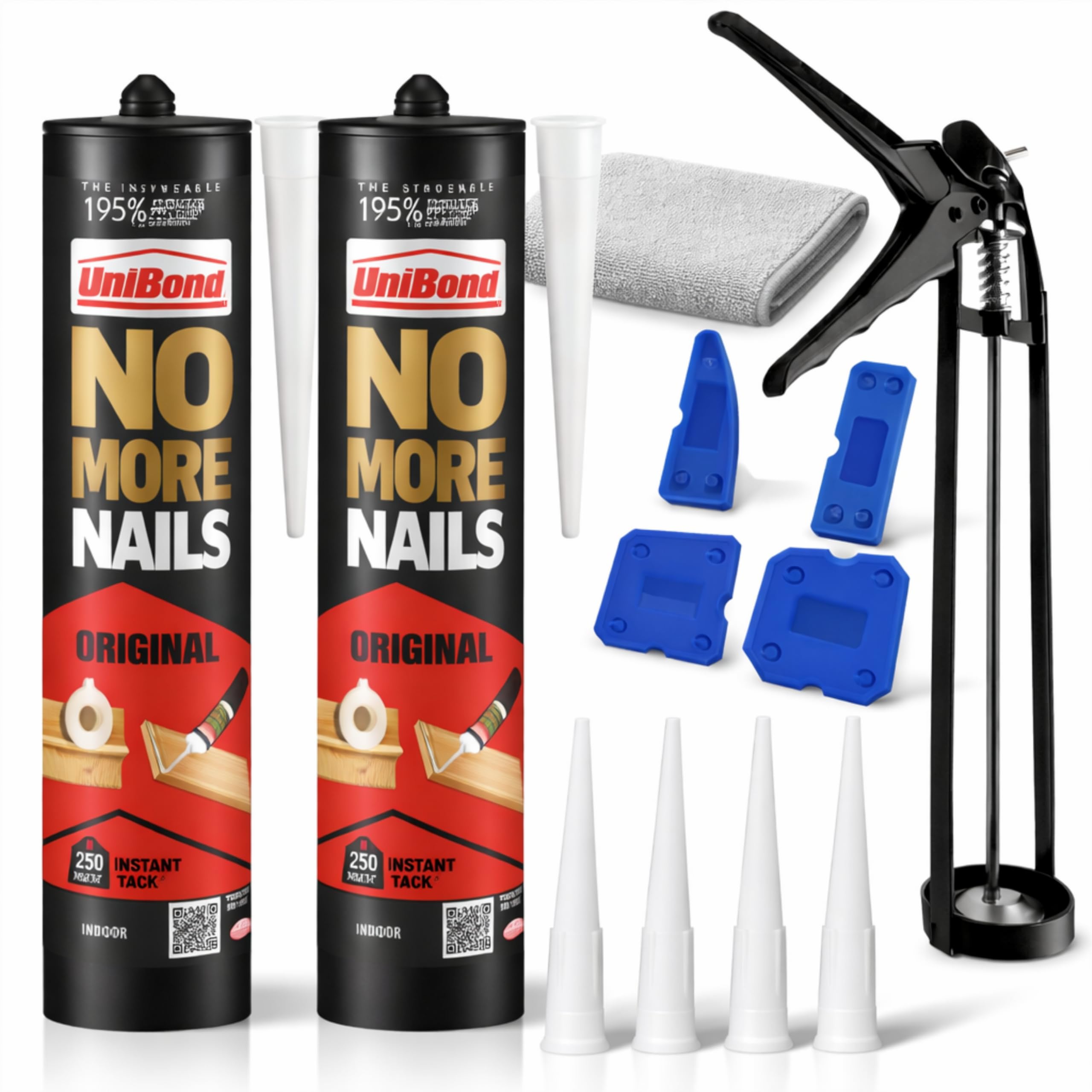 Unibond No More Nails Heavy Duty Mounting Adhesive Kit with Lavarion Sealant Gun, Finishing Tools, Replacement Nozzles & Microfibre Cloth – Multi-Surface DIY Bonding Set - 2 x 280ml