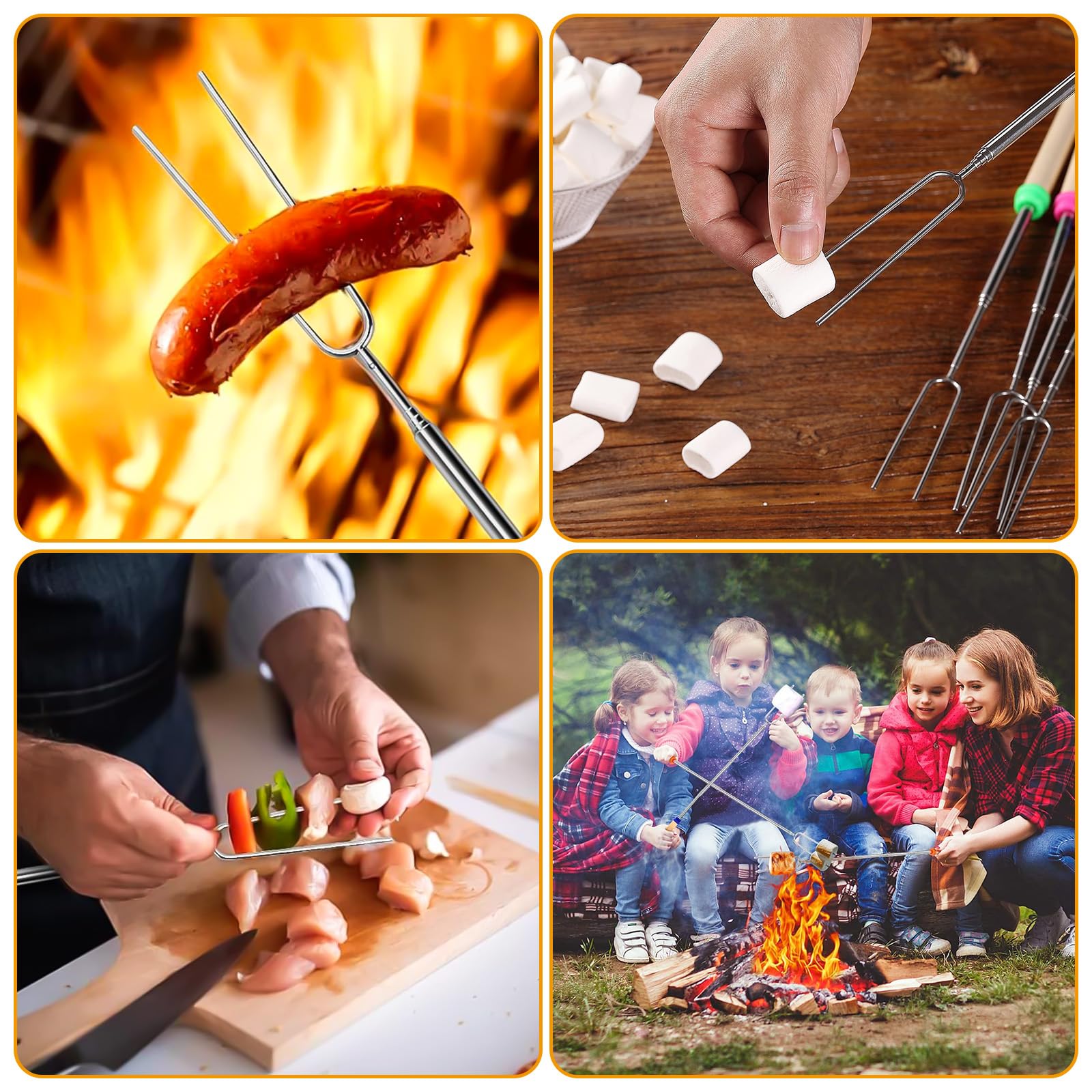 12 Pezzi Spiedini Telescopici, 31-81 cm Manico in Legno Spiedini per Marshmallow in Acciaio Inox con 1 Sacchetto di Tela Nero, Marshmallow Spiedini Barbecue per Campeggio, Falò, Picnicic