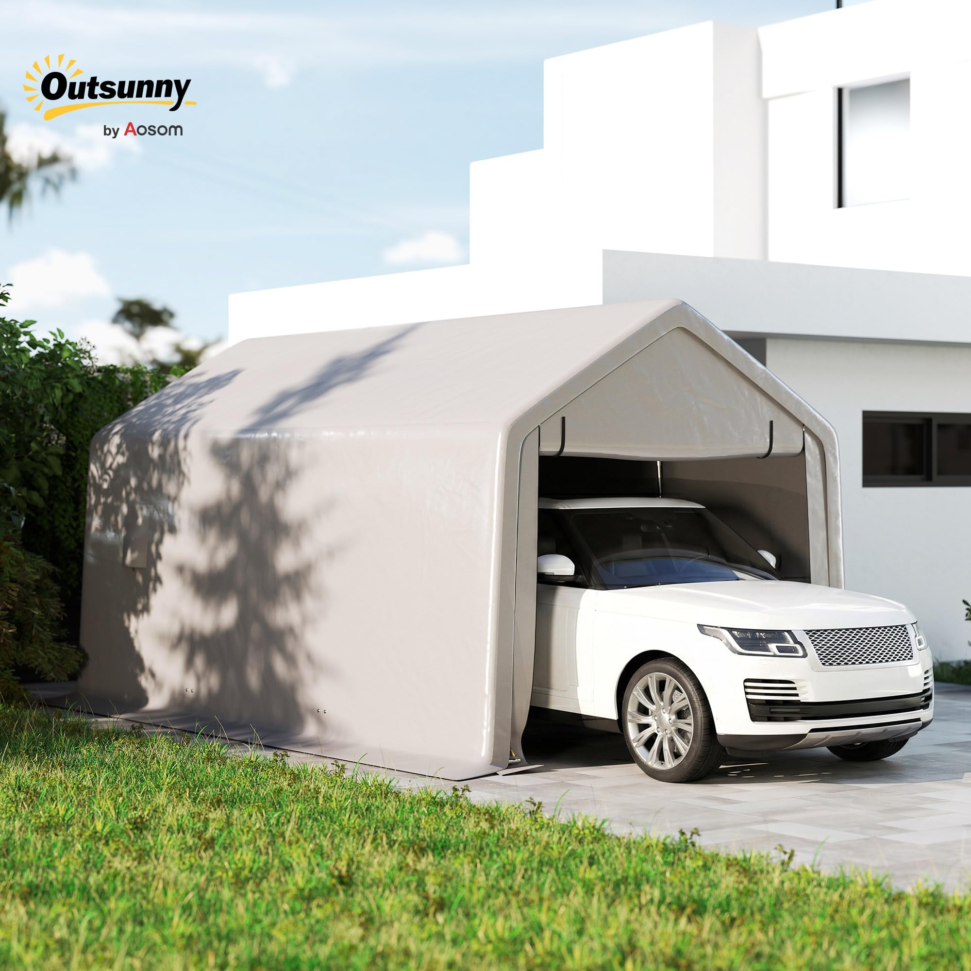 Outsunny Carport Tente de Garage 3 x 5,2 m, abri Voiture extérieur, Tente de Stockage avec Porte Enroulable Amovible, pour Camion, Bateau, Gris