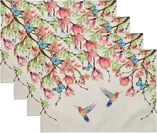 Juego de 4 manteles individuales con diseño de flores de primavera 18 x 12 pulgadas color rosa floral azul mariposas para vacaciones de temporada