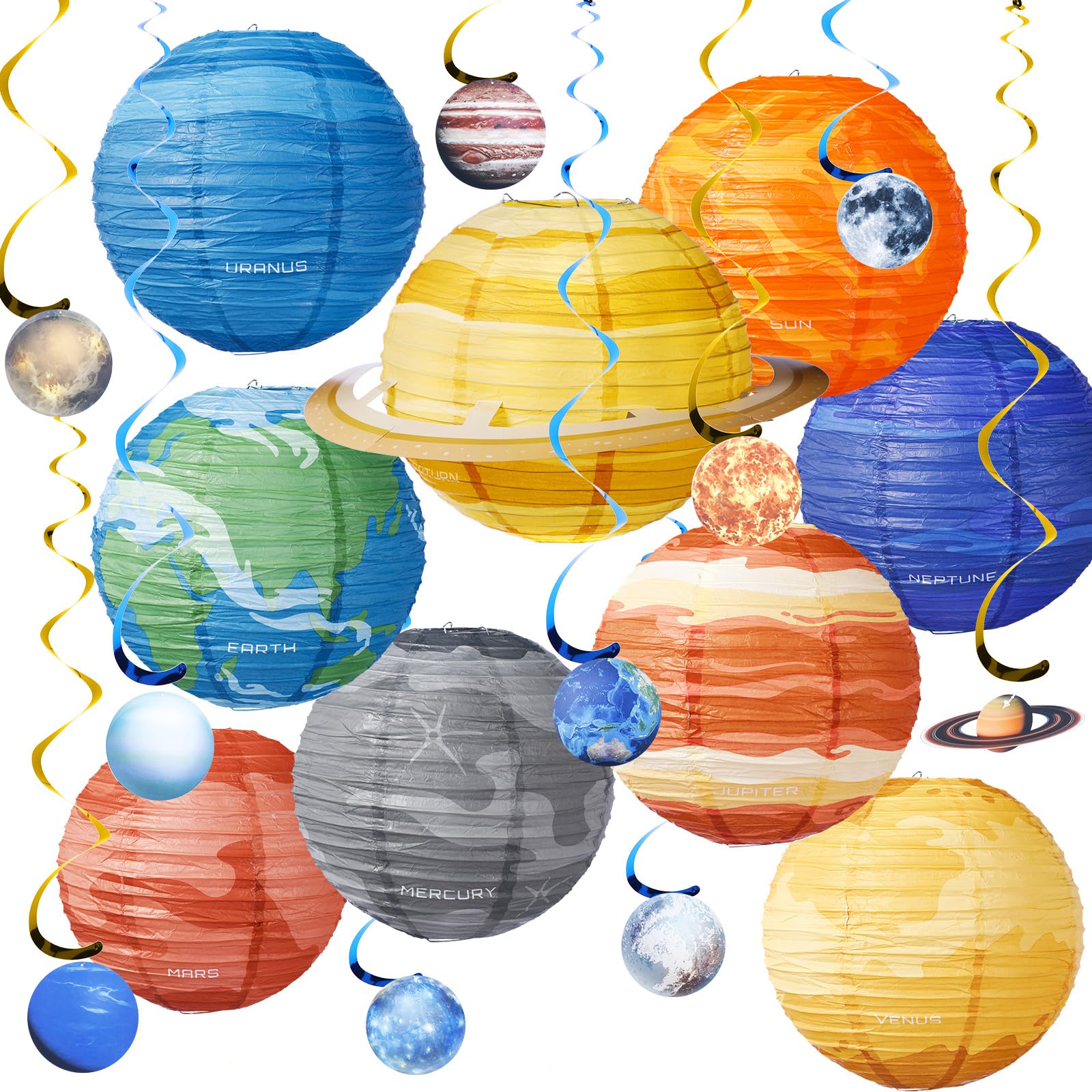 VIHOSE 39 Pcs Space Lanterns Set 9 Pcs Planet Paper Lanterns and 30 Space Hanging Swirl 12 Inch Solar System Outer Space Party Decorations for Room Astronaut Theme Galaxy Earth Birthday Home