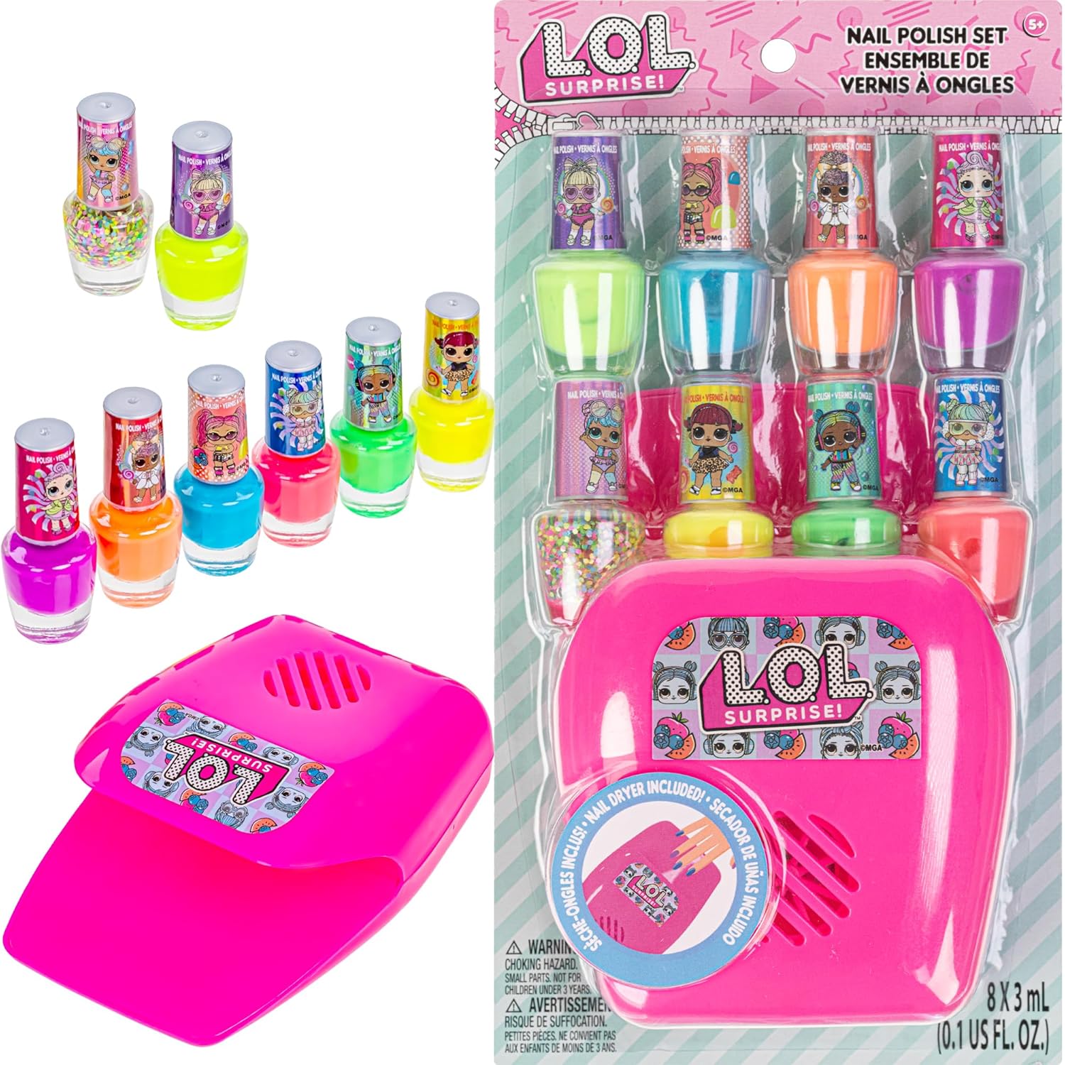 L.O.L Surprise! 8 pc Non Toxic Nail Polish Set for Kids with Nail Dryer | Peelable Nail Varnish Kit for Ages 3+ by Townley Girl - Image 8
