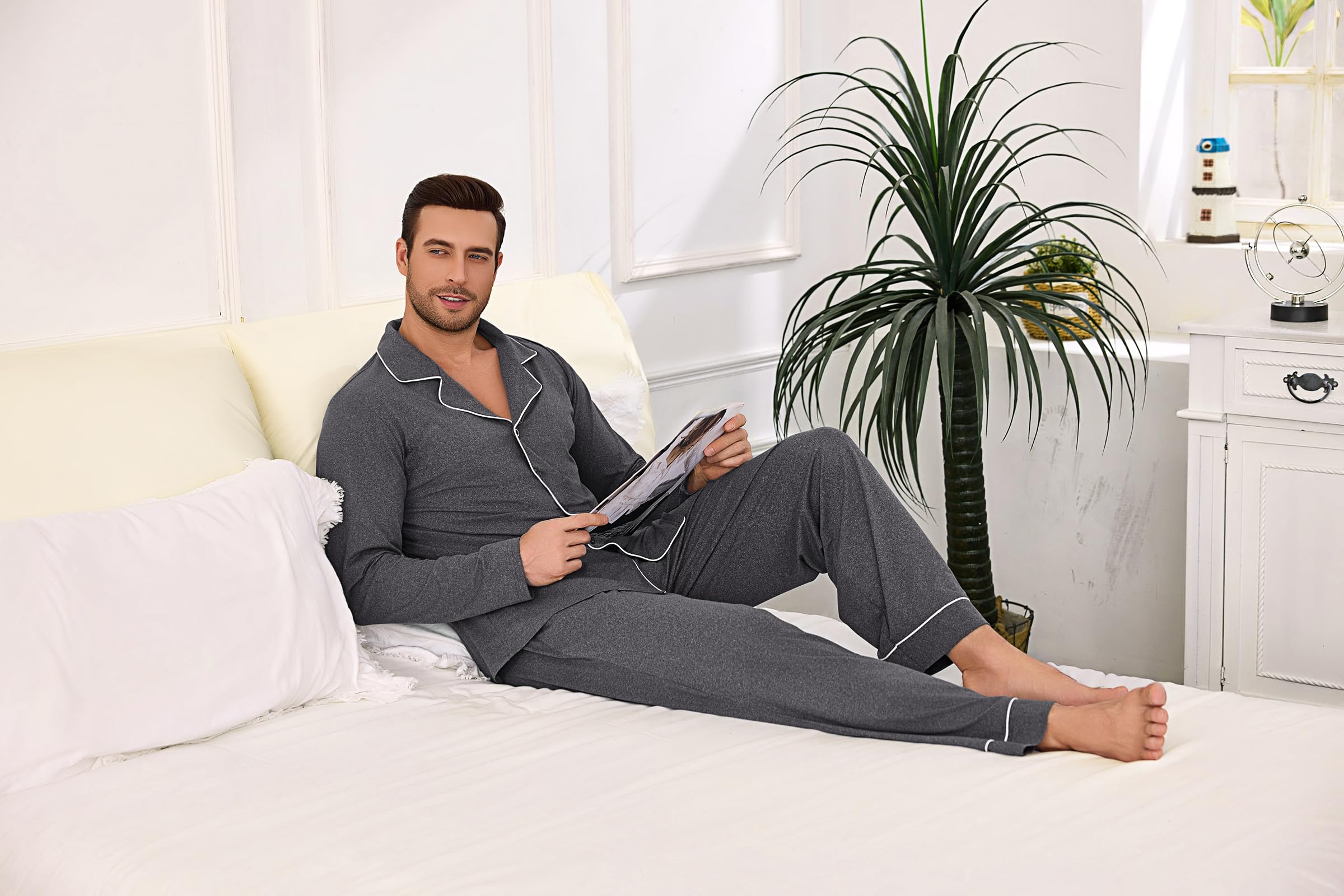 Bresdk Pigiama Uomo Cotone Lungo Invernale Manica Lunga con Bottoni Pigiami Due Pezzi Classico Aperto Davanti Caldo e Morbido