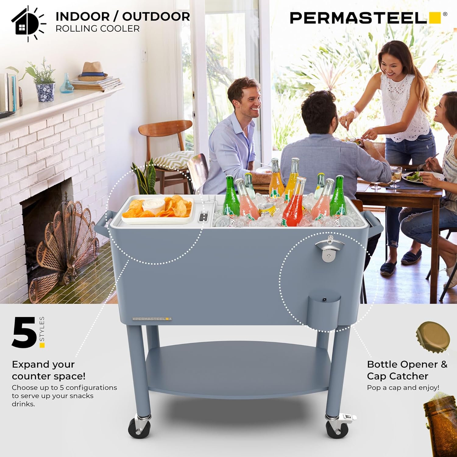 Permasteel Party Cooler with Divider, Spacious 80-Qt Capacity, Chills 36hrs, Serving Tray, Rolling Ice Chest for Indoor and Outdoor Entertainment