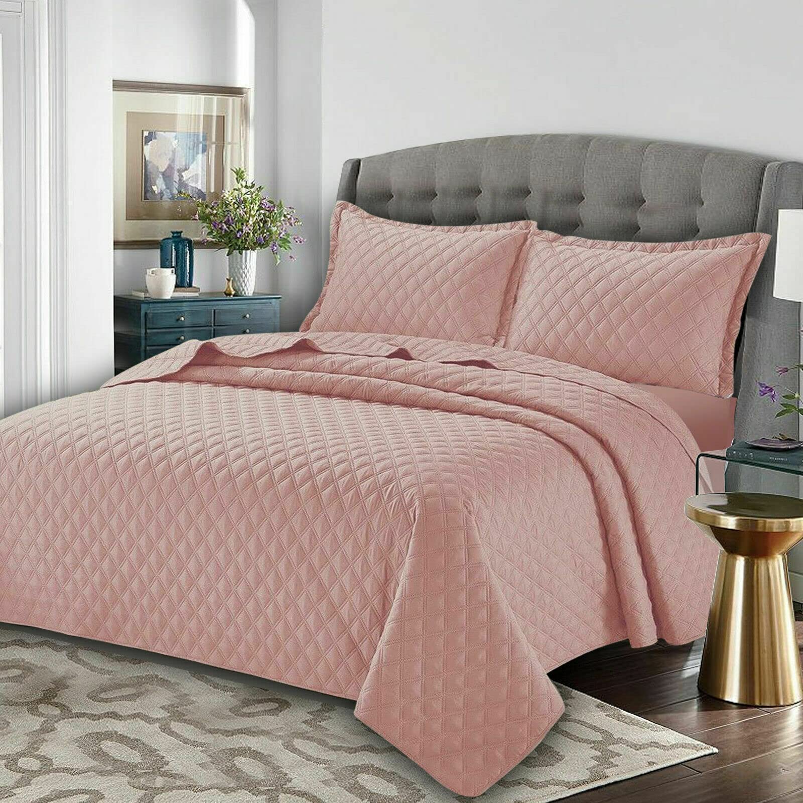 Best Linen Quilted Bedspreads Bed Throw 3 Pcs Embossed Coverlet Bedding Set Includes 1 Comforter & 2 Pillow Cases (Super King, Inspiration Blush Pink)