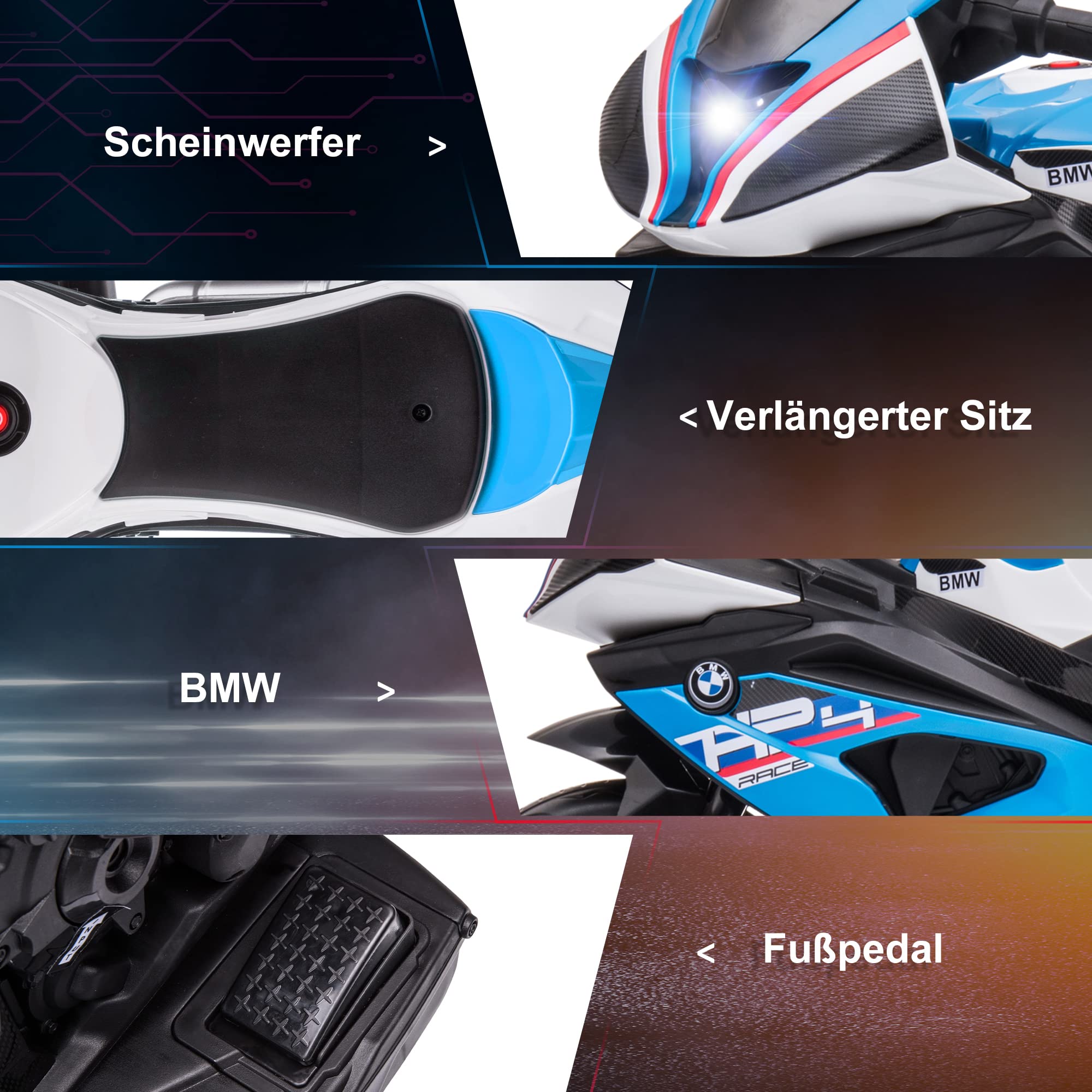 HOMCOM Elektro Kindermotorrad Elektromotorrad mit USB, 3 Musikmodi 2,5km/h Elektro Motorrad für Kinder ab 18 Monaten Blau