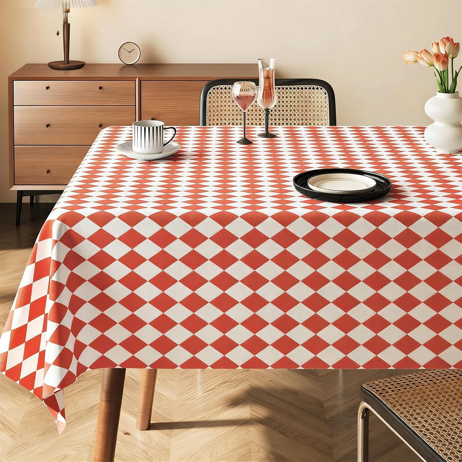 KIJyfgTR New Twill Check Wipeable Tablecloth, Rectangular Table Cover(Red,140x180cm)