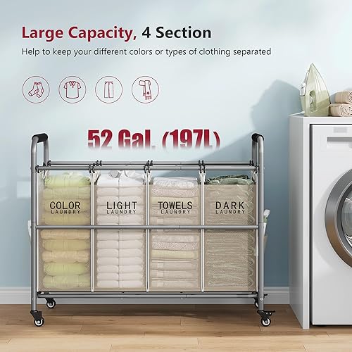 Miniatura 3 de Tajsoon Carrito clasificador de ropa sucia de 4 bolsas, cesta clasificadora de cestas de lavandería con ruedas resistentes con cerradura para