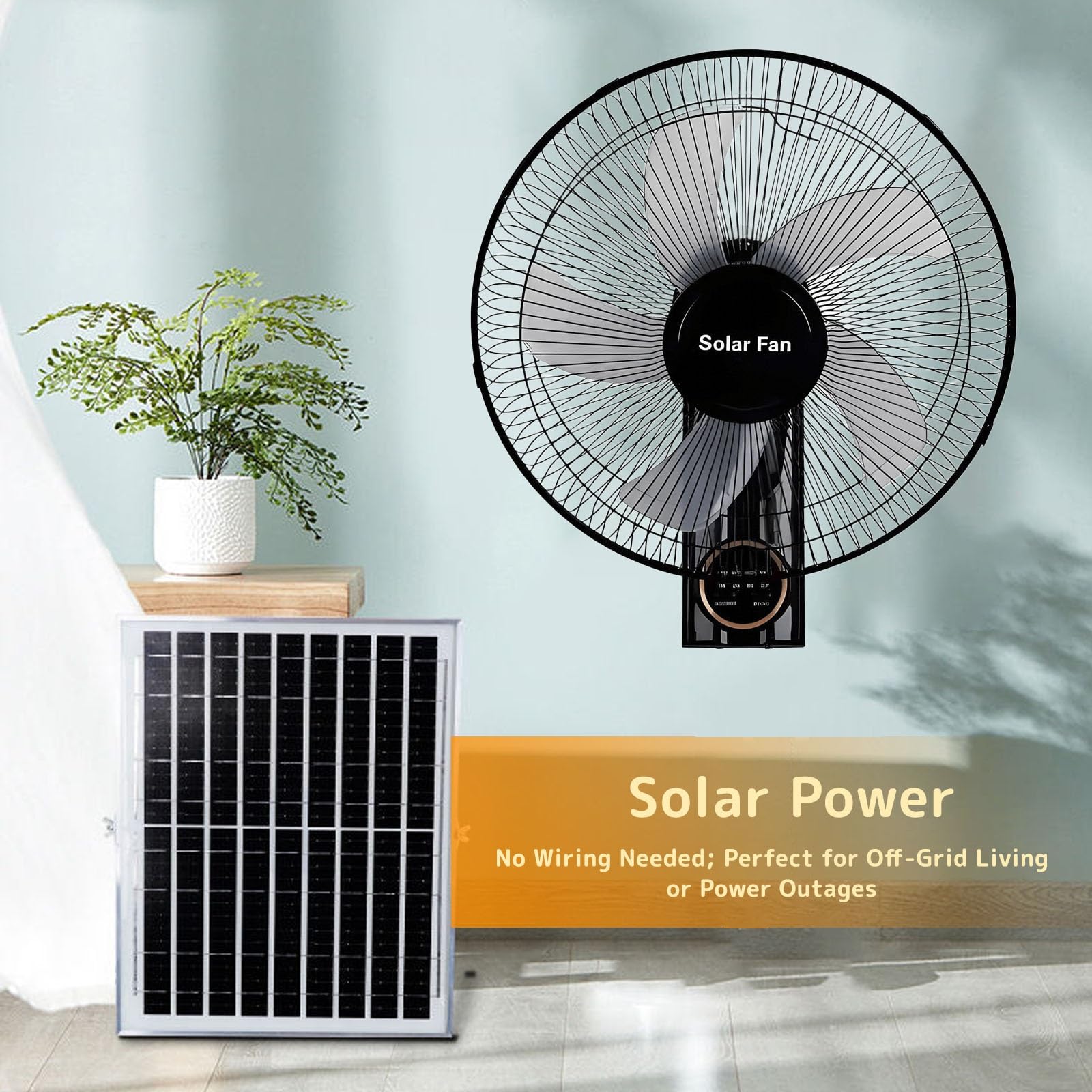 Ventilateur Solaire Extérieur Mural Pour Terrasse, 5 Pales 3 Vitesses Oscillant 90°, Télécommande, Pour Chambre Camping Jardin Maison