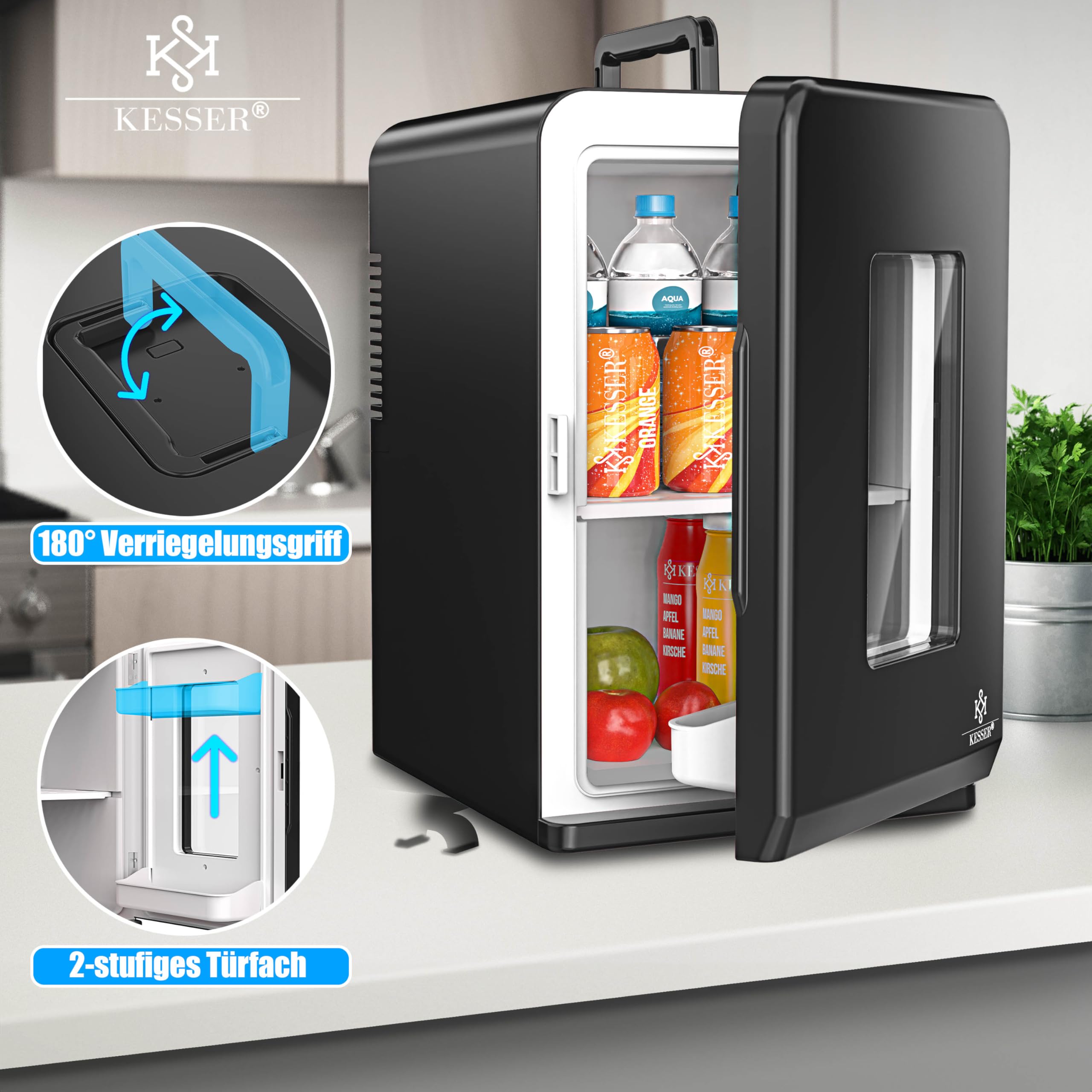 KESSER® 2in1 Mini Kühlschrank Kühlbox 15 Liter Kühl und Heizfunktion Tragbarer AC DC 220-240V/12V Steckdose und Zigarettenanzünder Warmhaltebox Thermobox Auto Büros Zimmer Camping Garten Schwarz