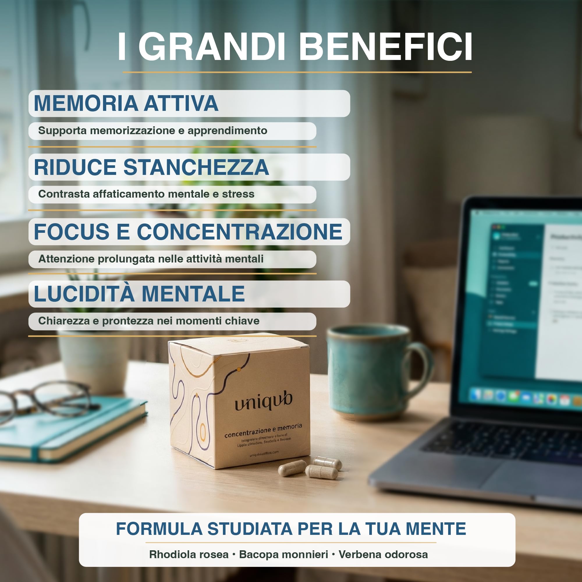 Integratore Concentrazione e Memoria Migliora l'umore Con Rhodiola Rosea Bacopa Monnieri Lippia Citriodora 60 capsule Vegetali 100% Naturale Uniqub
