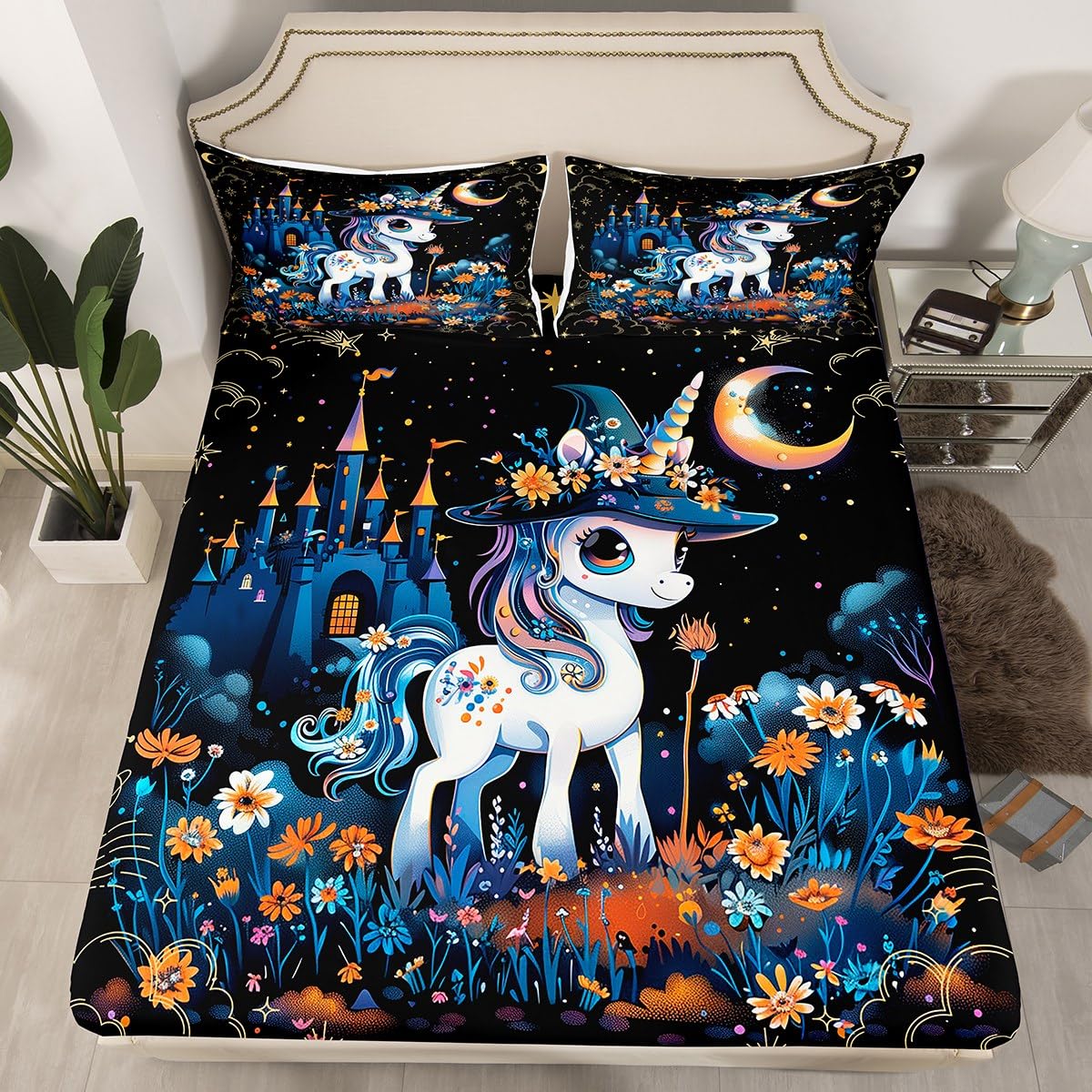Halloween Unicorn Fitted Sheet Set Full Size 4 Pcs,Cartoon Animals Teens Sheets,Mysterious Castle Flower Starry Sky Bedding Sets (1 Fitted,1 Flat,2 Pillowcases)