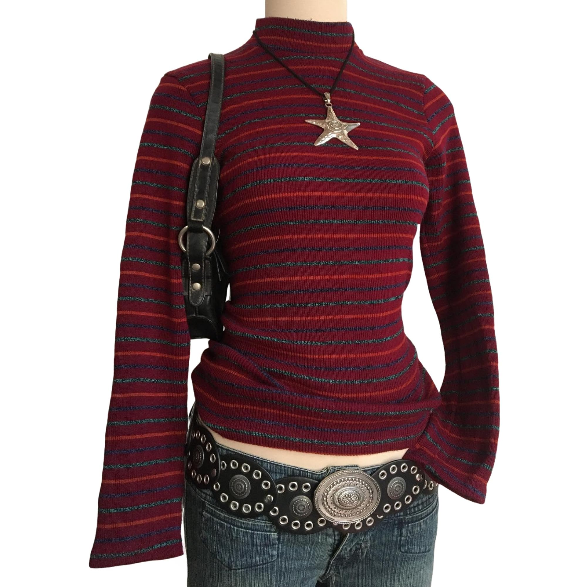Striped Chunky Knit Sweater Women Knitted Long Sleeve Top 2000s Vintage Y2k Grunge Tops Preppy Emo Clothes