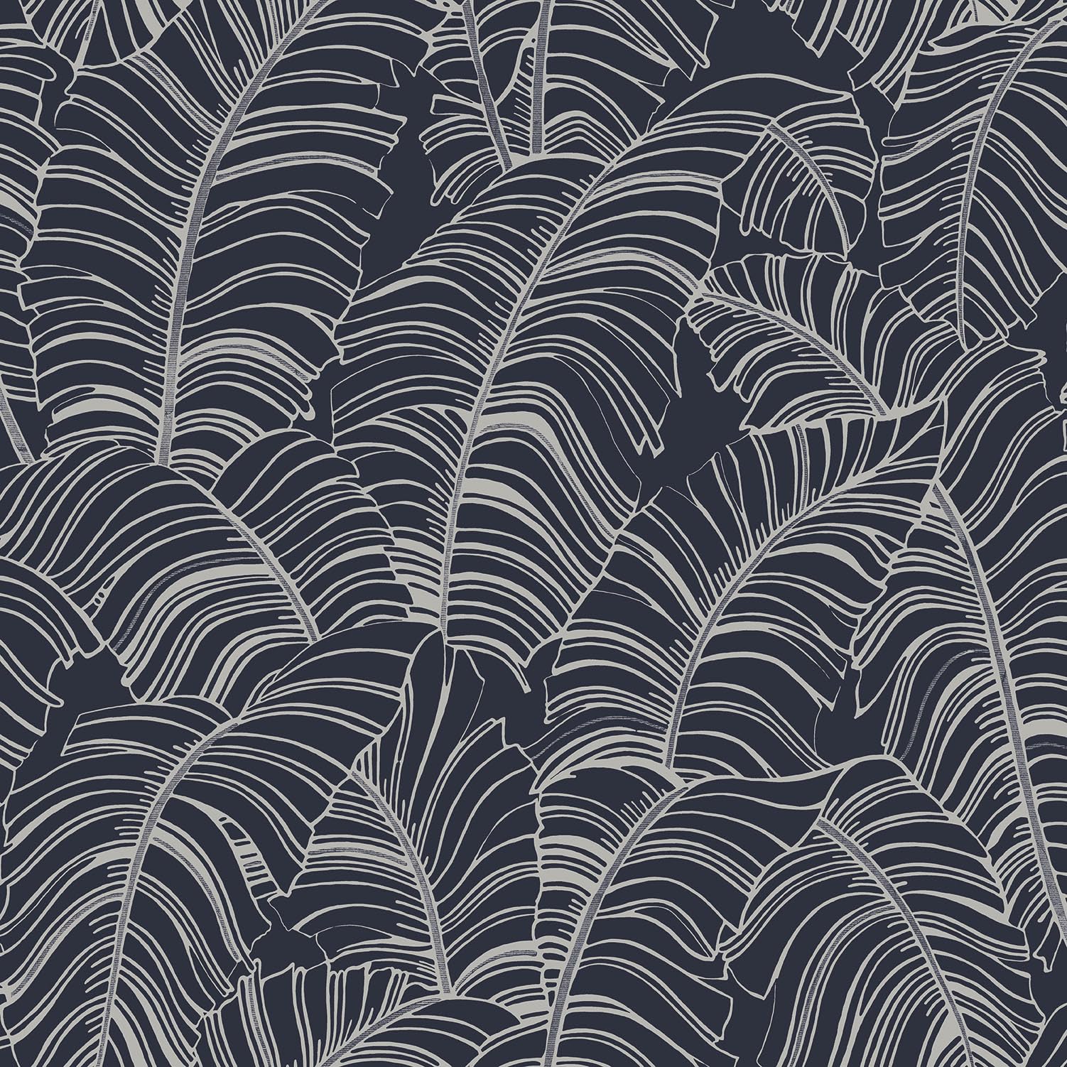 Papier peint motif feuilles de palmier pour chambre adulte bleu marine argenté Bazaar