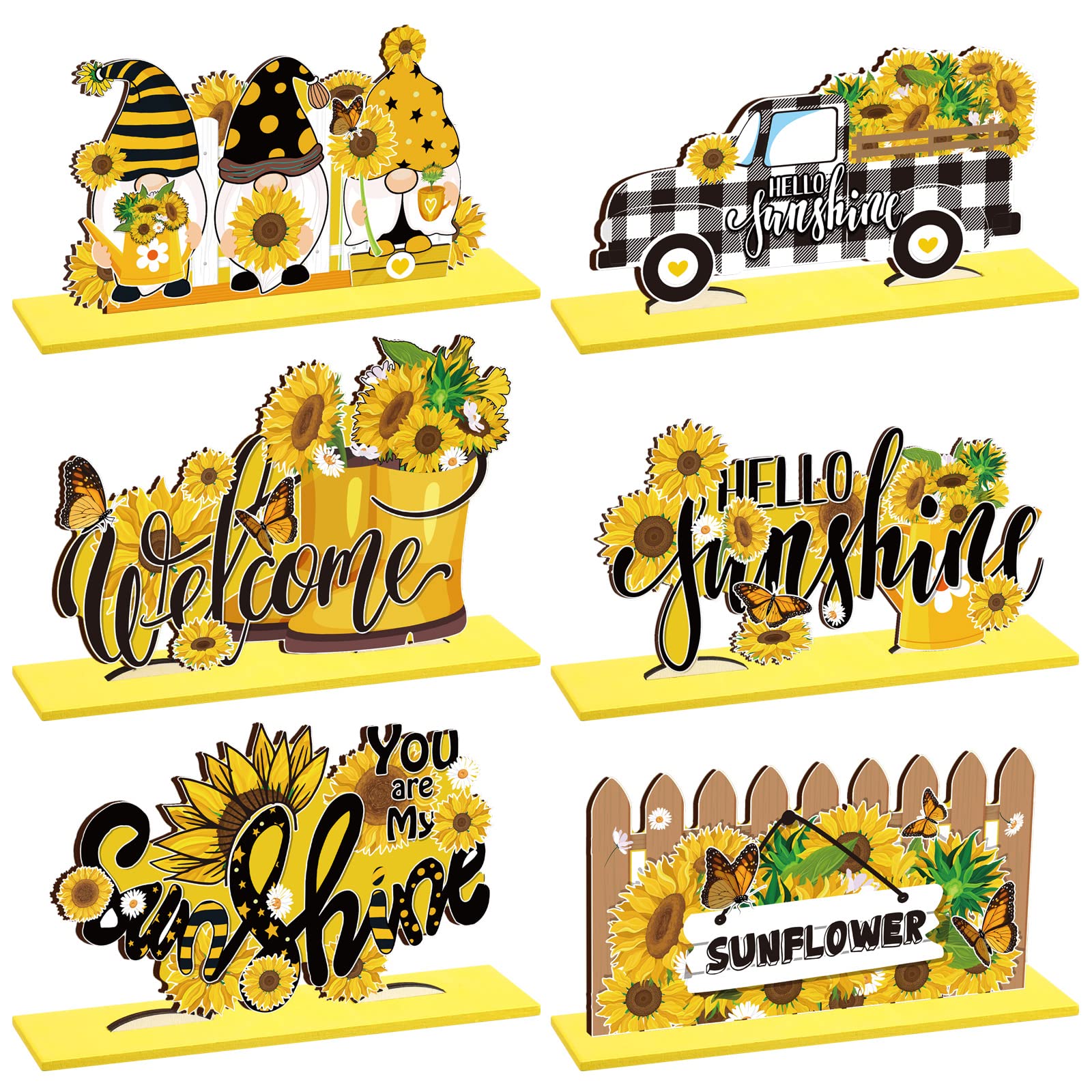 Hoolerry 6 Pcs Sunflower Wooden Table Decoration Summer Wood Centerpieces for Tables Sunflower Gnomes Tabletop Decor Hello Sunshine Welcome Centerpieces Sign for Summer Party Home Kitchen Decor