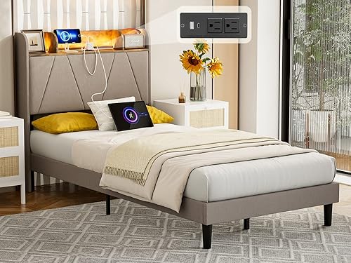 IKIFLY Base de cama individual XL con cabecera de estante de almacenamiento y estación de carga, cama de plataforma tapizada con luces LED, listones