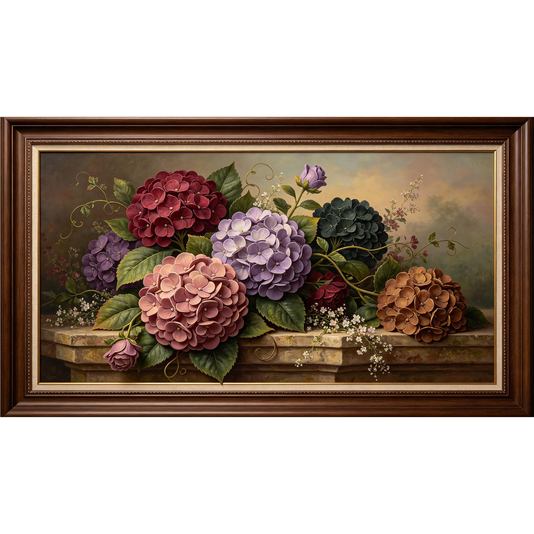 QZLITHOTIC 50x90cm3D Framed Wall Art， Botanical Hydrangea Flower Arrangement Oil Painting Style Self‑Adhesive Mural， Water‑Activated Peel & Stick Fabric Decor Wall Decal for Bedroom Living Room