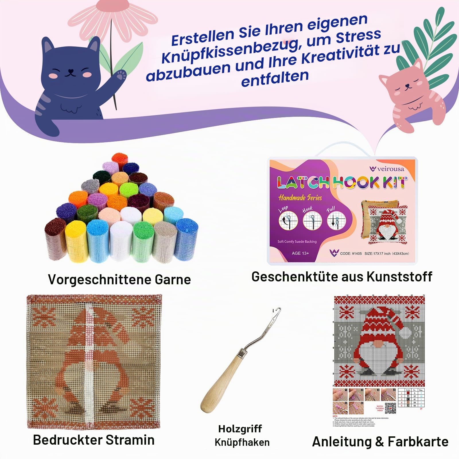 Knüpfhaken-Set mit Weihnachtswichteln für Erwachsene und Kinder, Anfänger, DIY-Knüpfkissen-Set, vorgedruckte Haken- und Knüpfteppich-Kits, Kreuzstich-Stickerei, Kissenbezug für Zuhause, Sofa