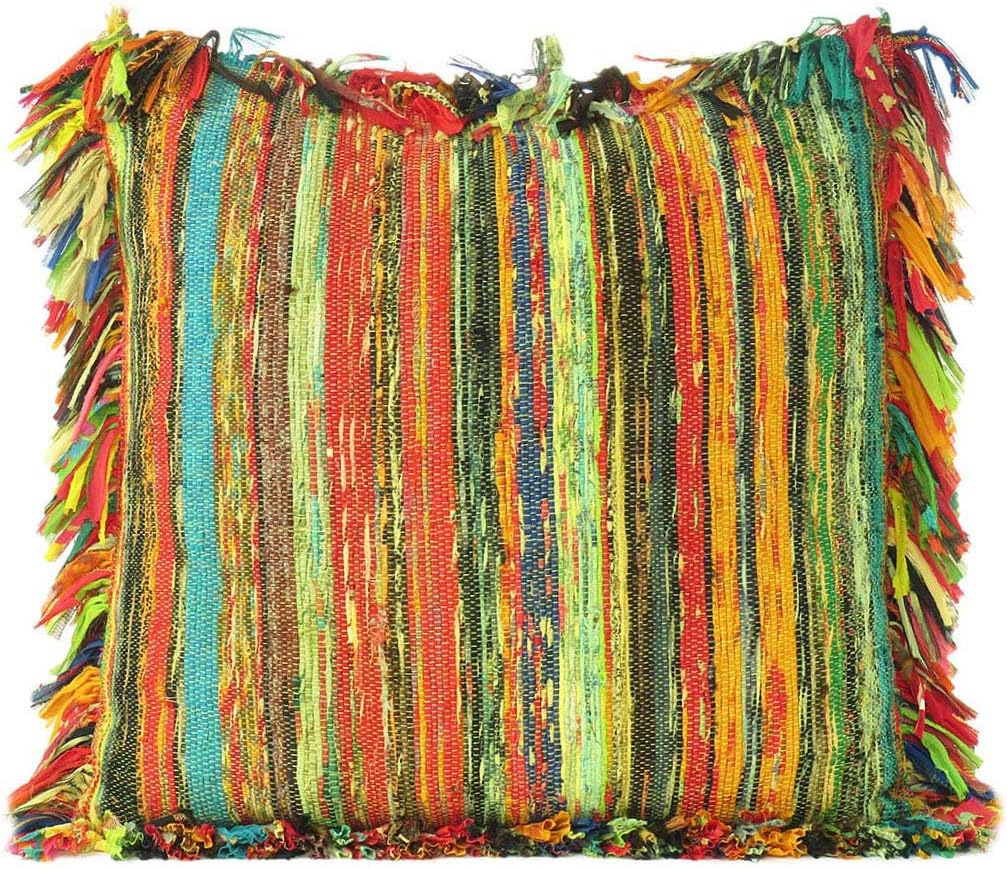 Eyes of India Colorful Chindi Boho Throw Pillow Cover, Decorative Rag Rug Bohemian Handmade Cushion Case for Couch Sofa Bed Living Room (Yellow, 20" X 20")