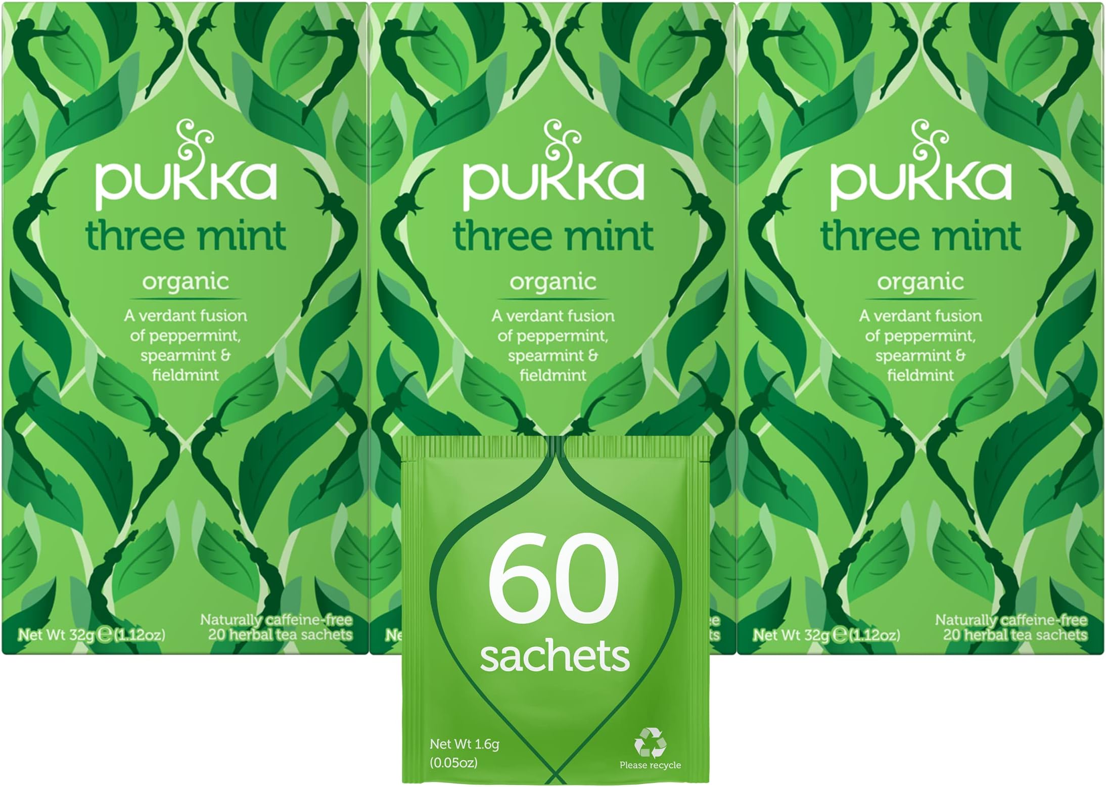 Organic Tea Bags, Three Mint Herbal Tea, Perfect for Cooling Refresh, 20 Count (Pack of 3) 60 Tea Bags