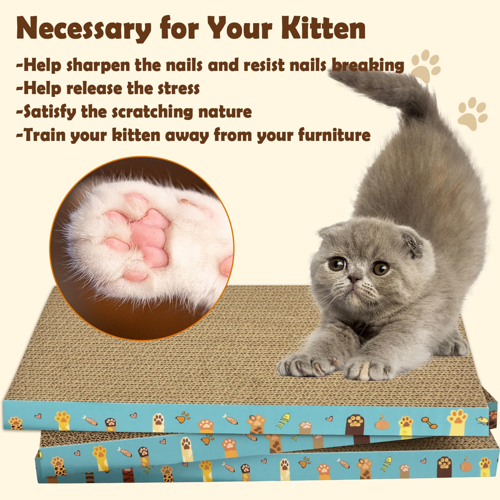 Rascador de cartón para gatos, paquete de 3 almohadillas reversibles para rascar gatos duraderos para gatos de interior para proteger los muebles (patas de gato)