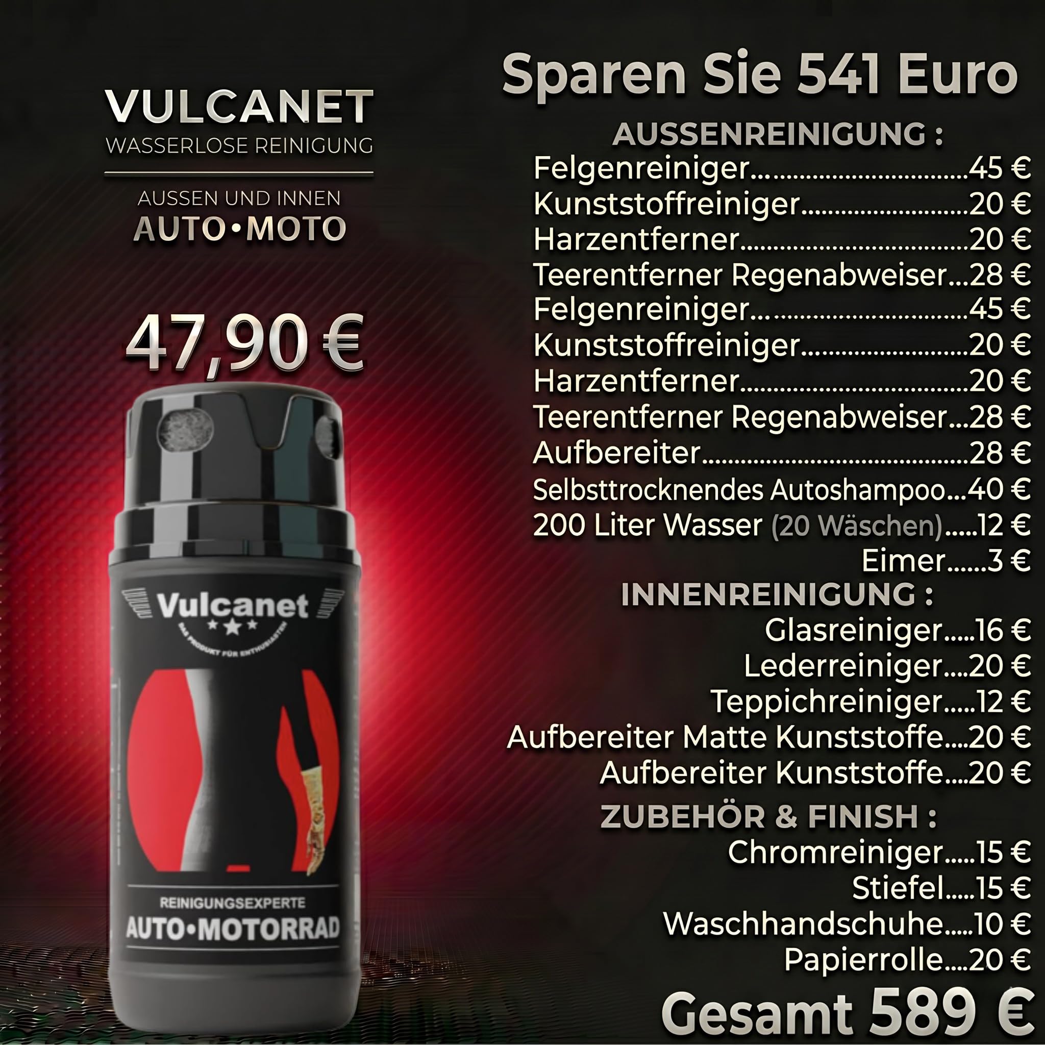 VULCANET Auto & Motorrad Reinigungsset für Experten, 80 Reinigungstücher + Inklusive Mikrofaser & Detailing Bürste – Reinigt, Poliert, Schützt – All-in-One Reiniger Karosserie, Felgen, Innenraum