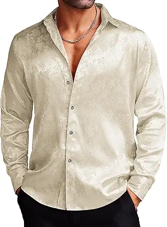 COOFANDY Men's Silk Satin Dress Shirts Jacquard Long Sleeve Floral Button Up Shirt