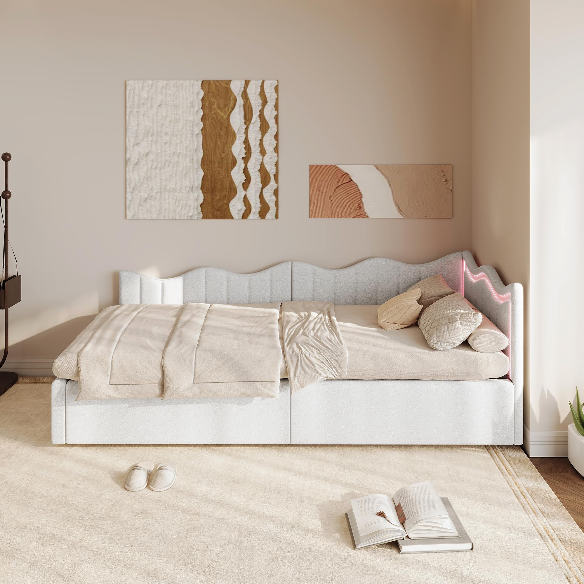 Polsterbett 90x200 mit Stauraum und LED-Beleuchtung, Einzelbett mit Wellenförmigem Kopfteil, Teddy-Fleece Jugendbett mit Lattenrost & Gasdruckfeder für Mädchen & Jungen, Weiß