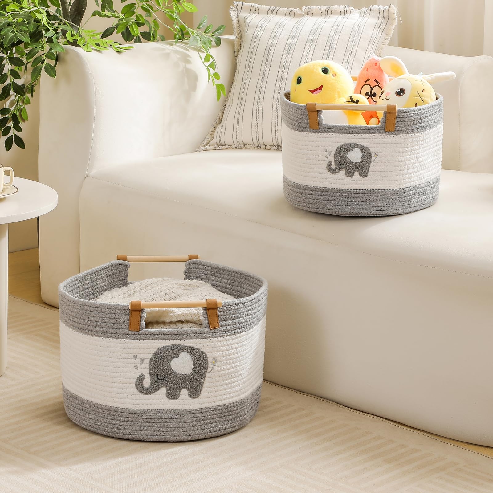 Grande Cesto Coperta 35L Cesto in Corda di Cotone con Manici in Legno Cesti Intrecciati per Giocattoli di Peluche dei Bambini, Contenitore per Pannolini, Contenitore Vestiti Neonati