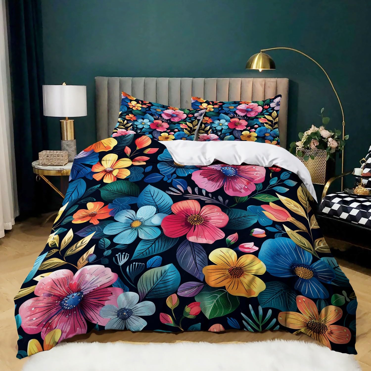Set copripiumino da 155 x 220 cm, per bambini, ragazzi e adolescenti, per letto singolo, piantare fiori, petali, foglie 01 copripiumini stampati con chiusura lampo e federa da 80 x 80 cm