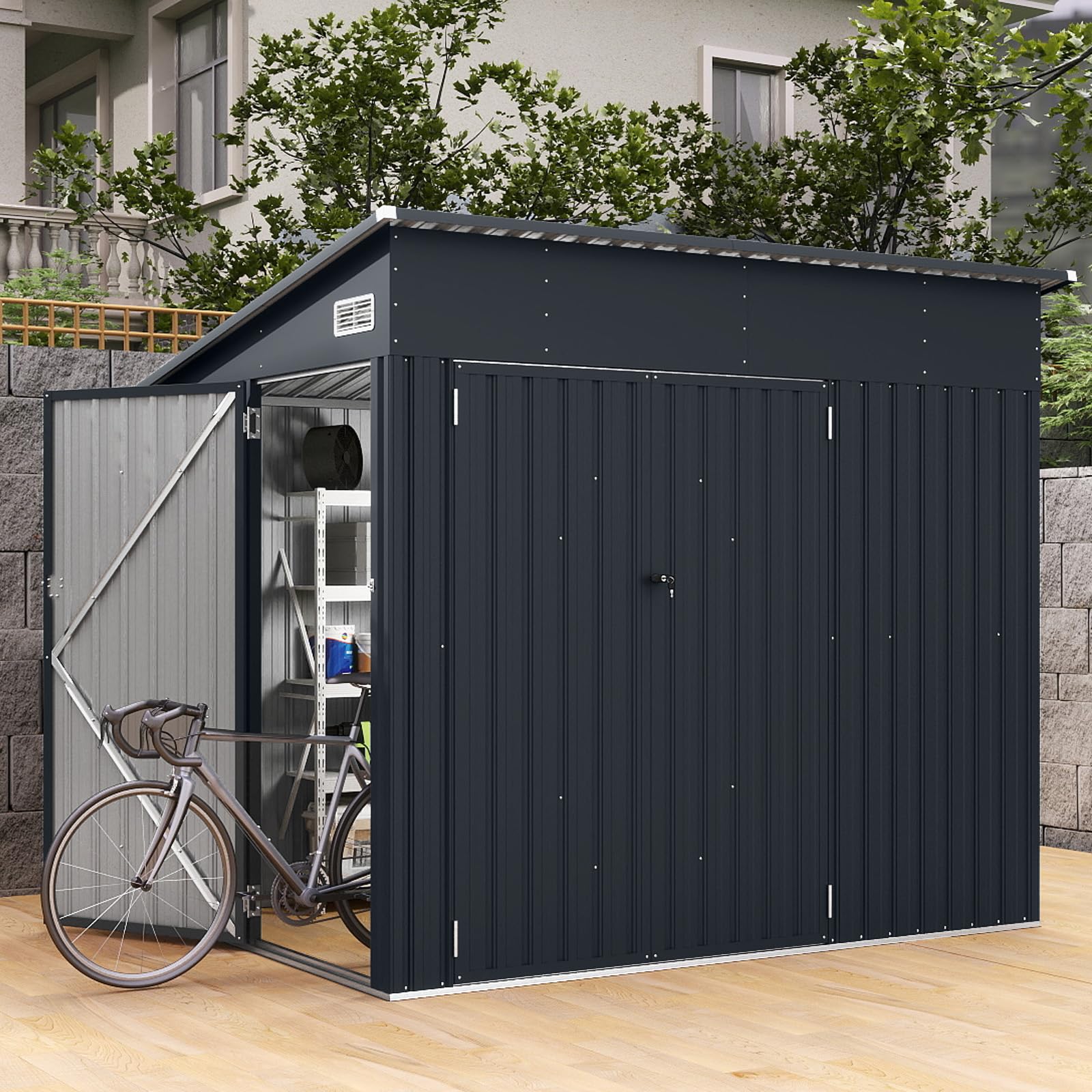 COSTWAY Capanno da Giardino 235 x 174 cm, Casetta Porta Attrezzi da Esterno in Acciaio Zincato con 3 Porte Bloccabile, Tetto Inclinato e Prese d'Aria, Ideale per Cortile e Patio