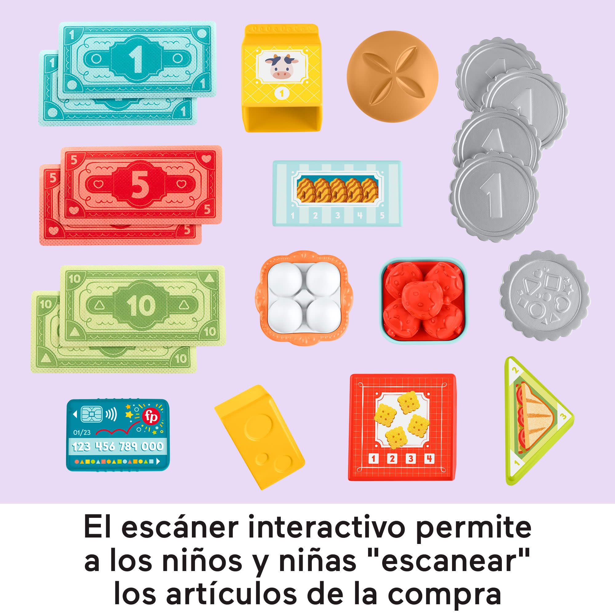 Fisher-Price Laugh & Learn Juguete de aprendizaje para niñas y niños pequeños Caja registradora para contar y comprar, tienda de juguete con 20 piezas, versión multilingüe, a partir de 2 años, JGX00