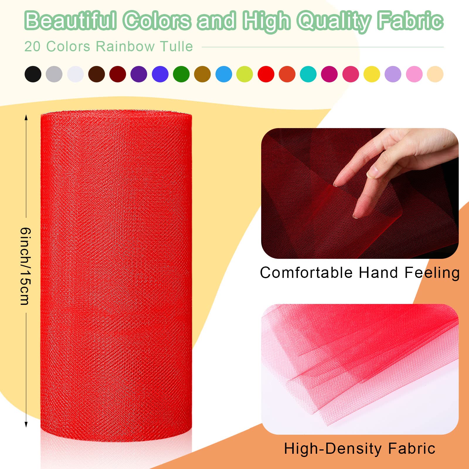 20 Colors Rainbow Tulle Rolls 6 Inch by 25 Yards Tulle Fabric Spool Ribbon Netting Fabric Spool Gauze Mesh Ribbon DIY Crafting Favor Supplies for Tutus Wedding Party Decorations Wrapping Skirt Dress