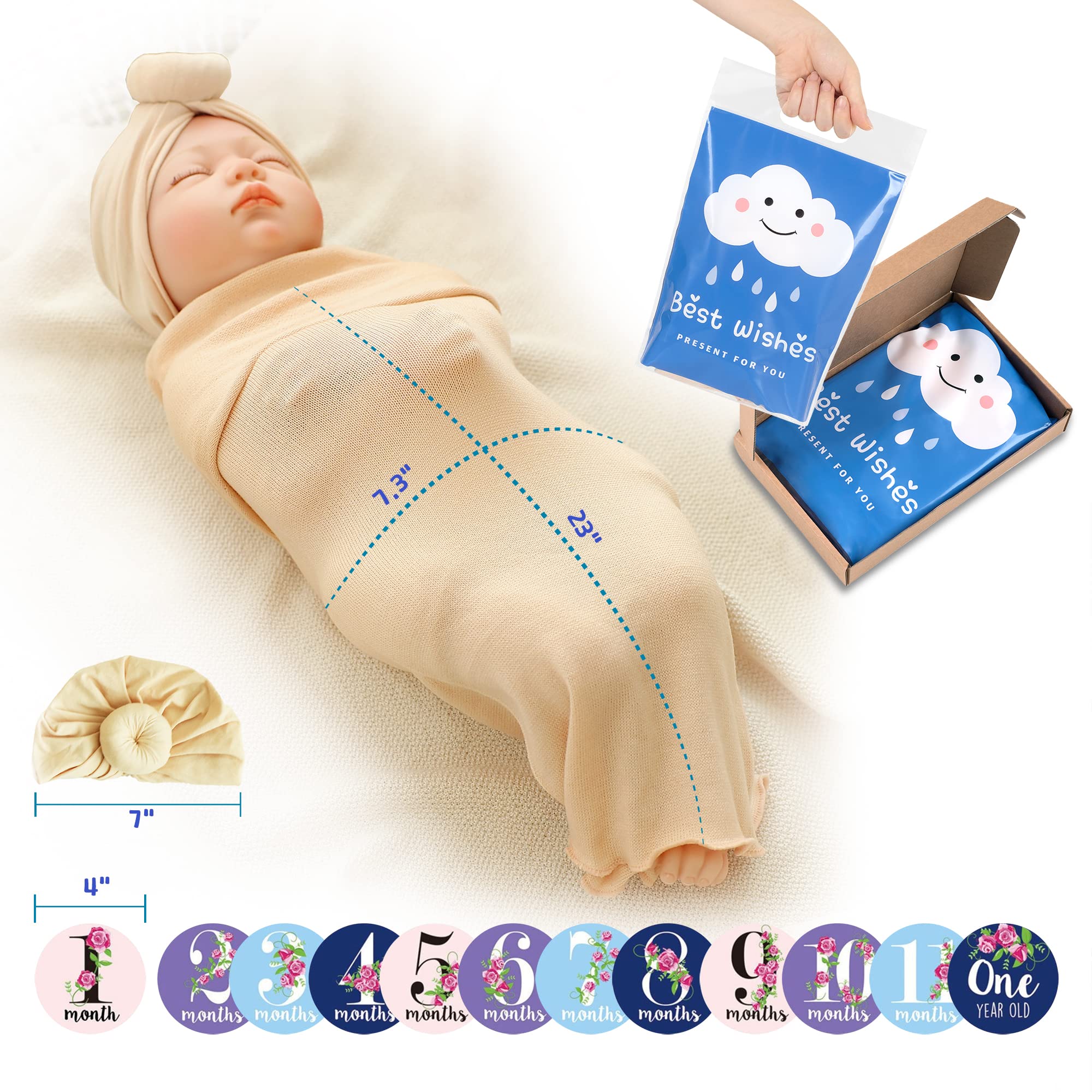 Trilly Baby Swaddle Set With Turban & 12 Milestone Stickers - Beige Newborn Swaddle Blanket Sleep Sack Gift