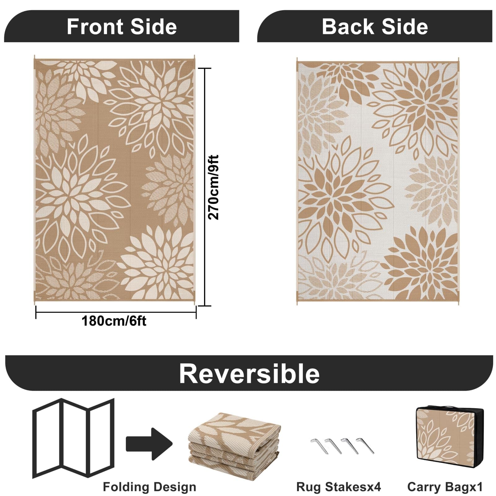 SHACOS Tappeto da Esterno Impermeabile Reversibile Plastica Leggera Resistente Ai Raggi UV Giardino Campeggio, Fiori Marrone, 180 x 270 cm