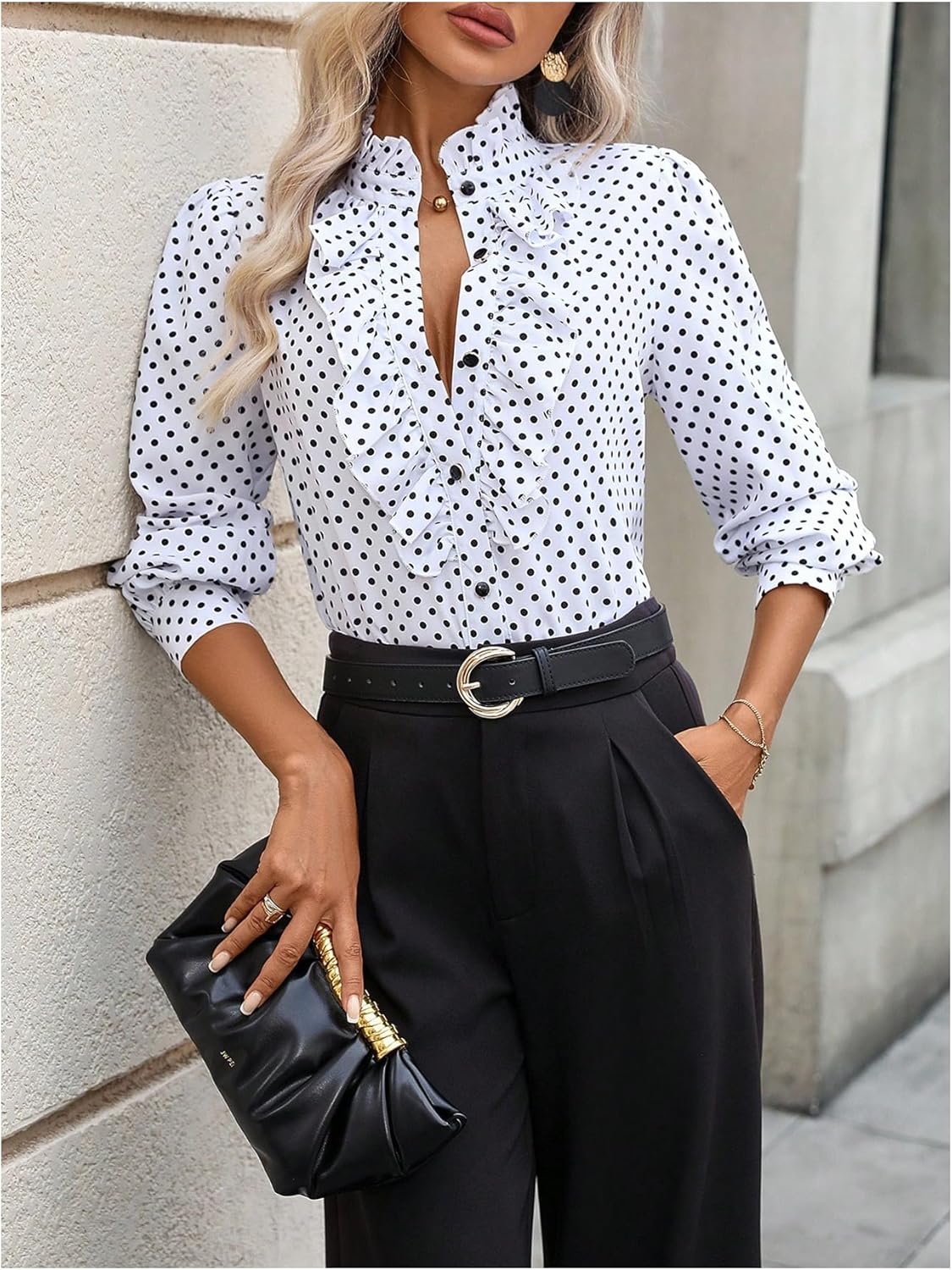 Floerns Women's Ladies Polka Dots Long Sleeve Ruffle Button Down Business Dressy Casual Office Shirts Blouses Tops - Image 5